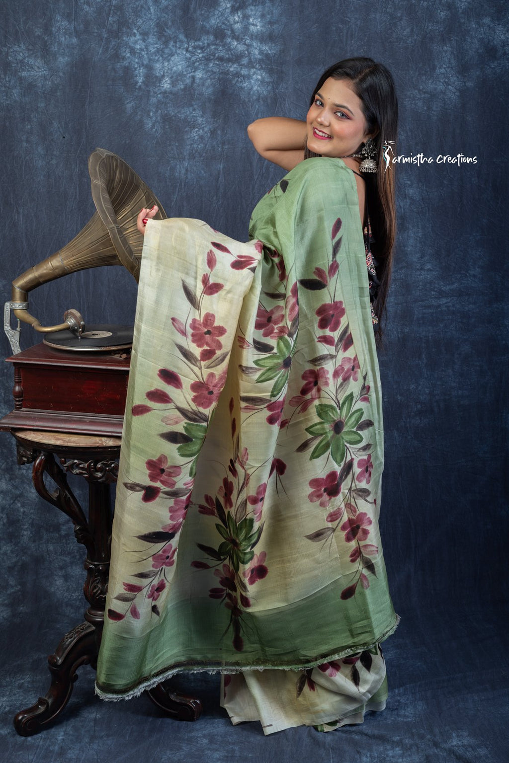 Verdant Whisper – Hand-Painted Bishnupuri Silk Saree | bshp-009 image 1