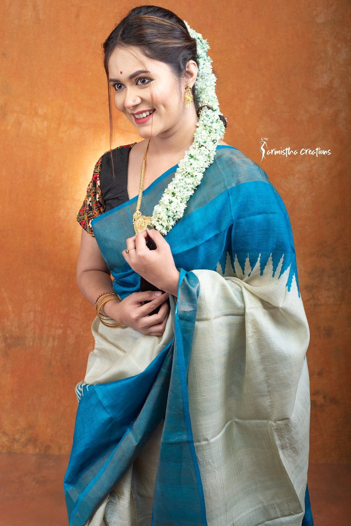 Zari Border Pure Desi Tussar Silk Saree With Hand-Block Printing dtzbhbp-072 image 1