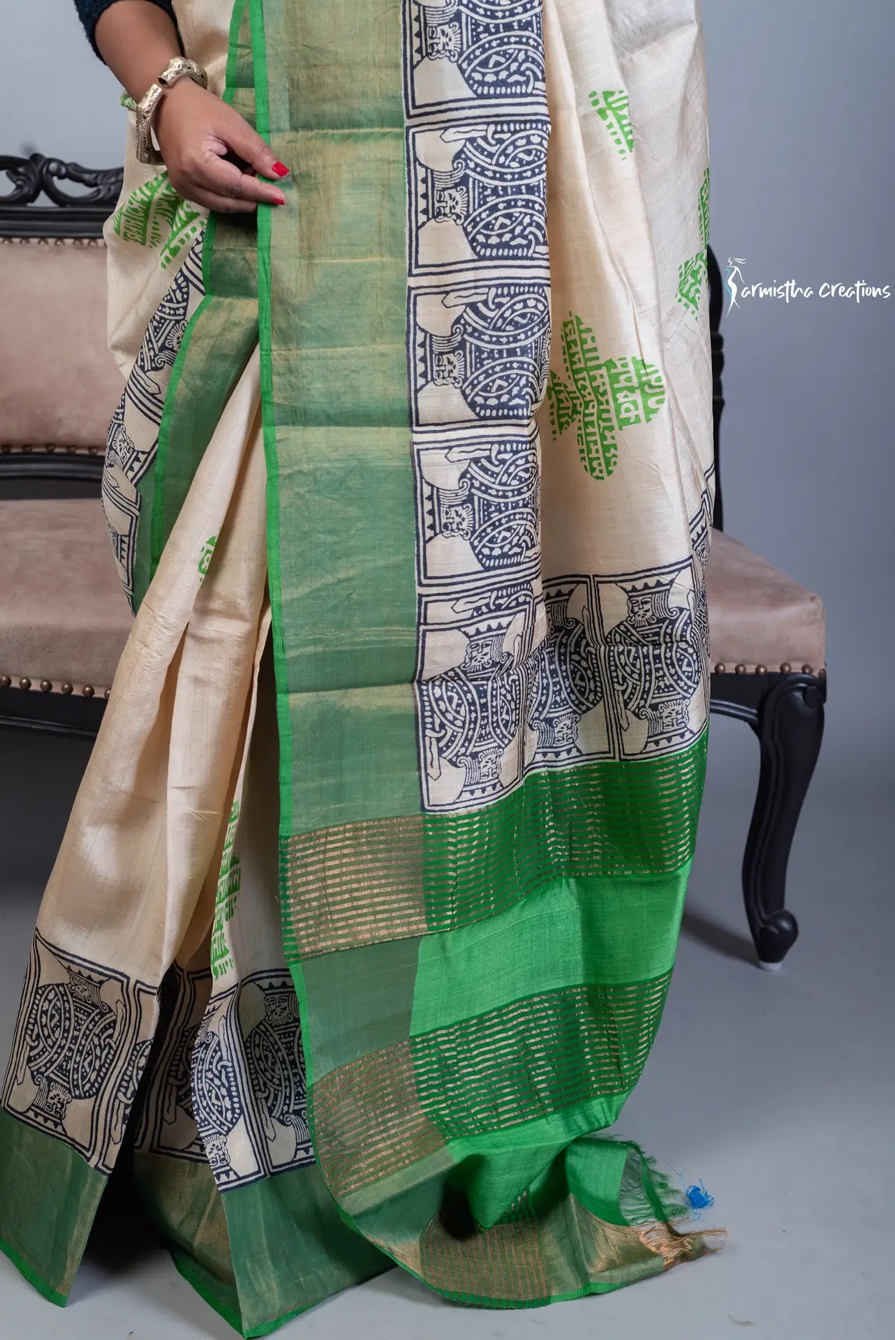 Zari Border Pure Desi Tussar Silk Saree With Hand-Block Printing dtzbhbp-065 image 2