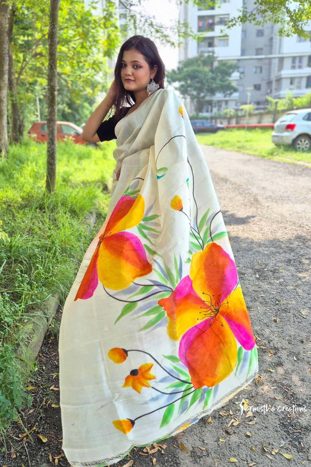 Sunlit Canvas – Hand-Painted Bishnupuri Silk Saree | bshp-010 image 1