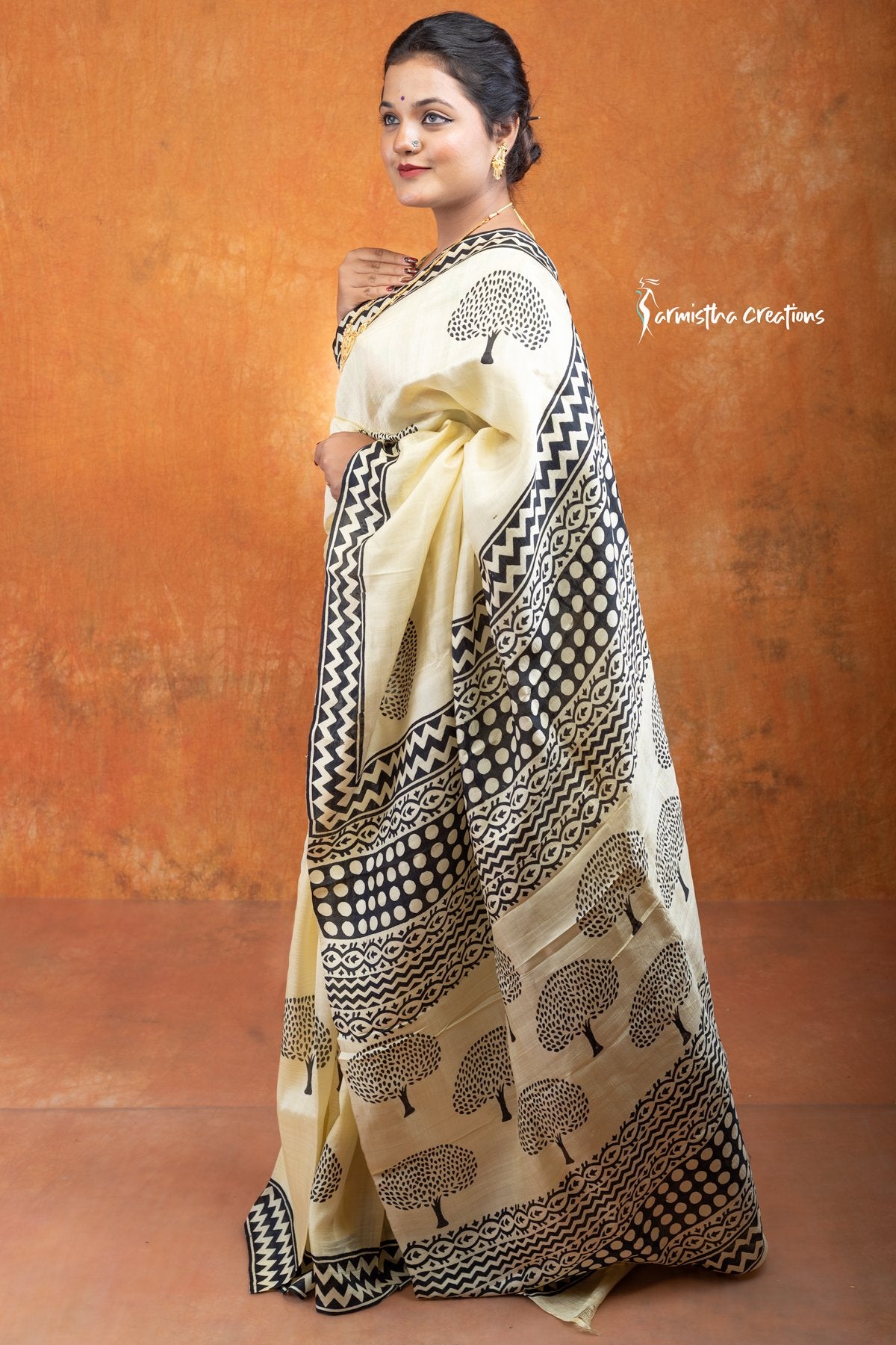 Murshidabad Silk Saree with Hand Block Printing Yellow Black hbpms-006 image 1