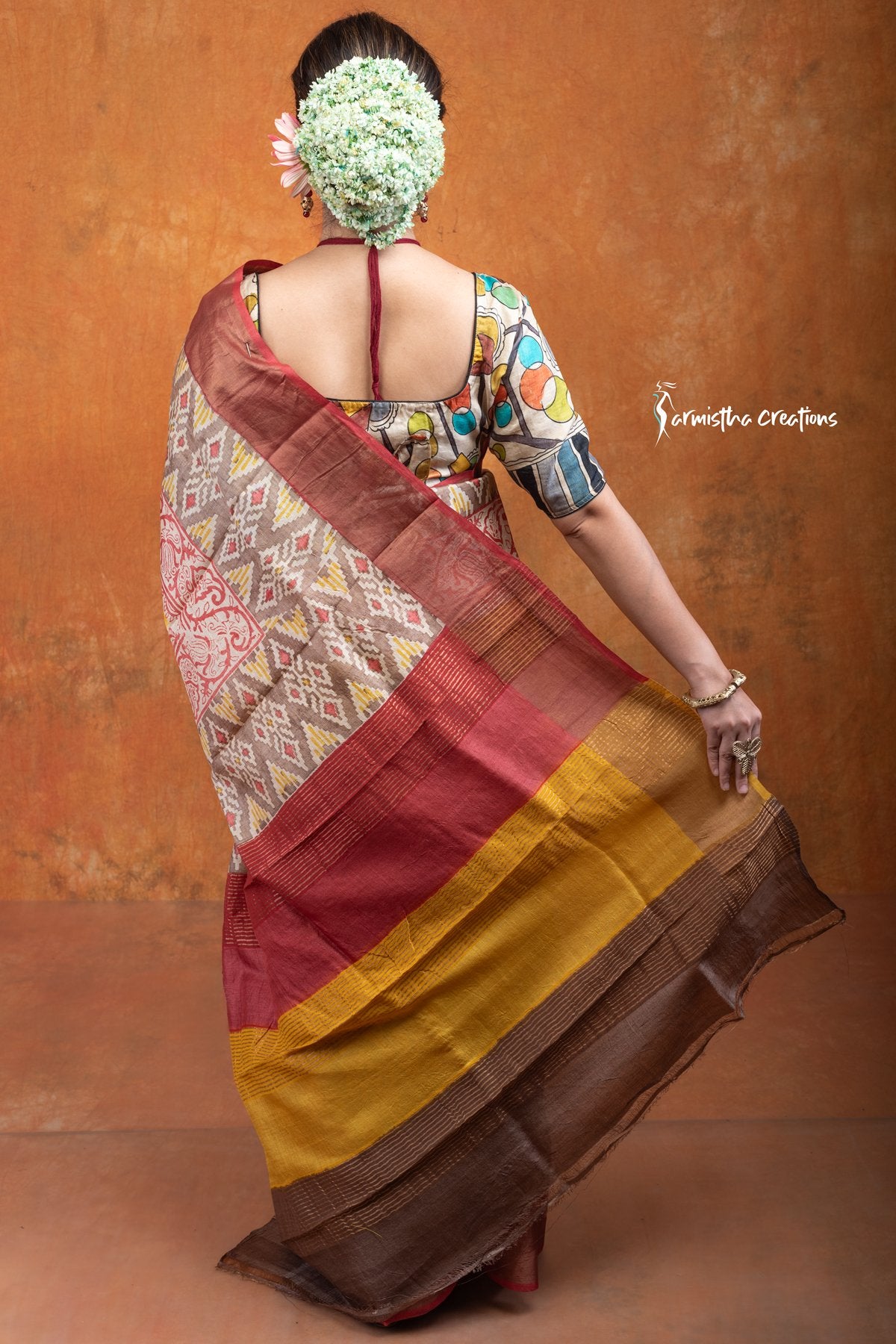 Zari Border Pure Tussar Saree With Hand-Block Printing dtzbhbp-117 image 4