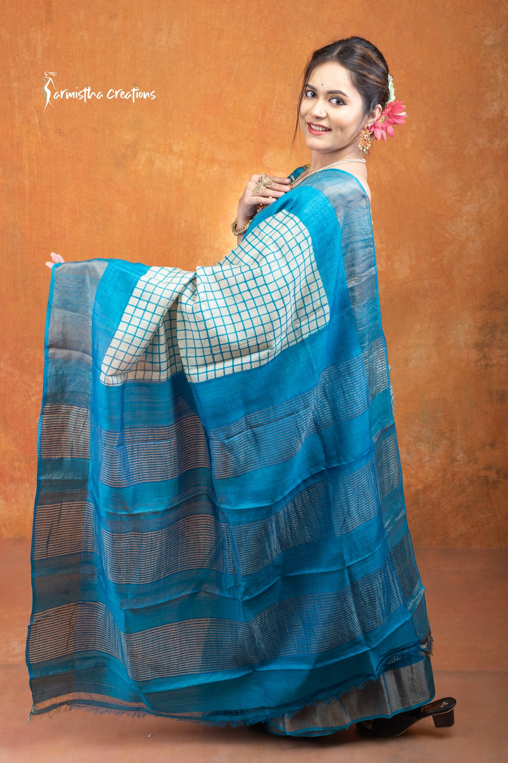 Zari Border Pure Tussar Silk Saree With Hand-Block Printing dtzbhbp-087 image 2