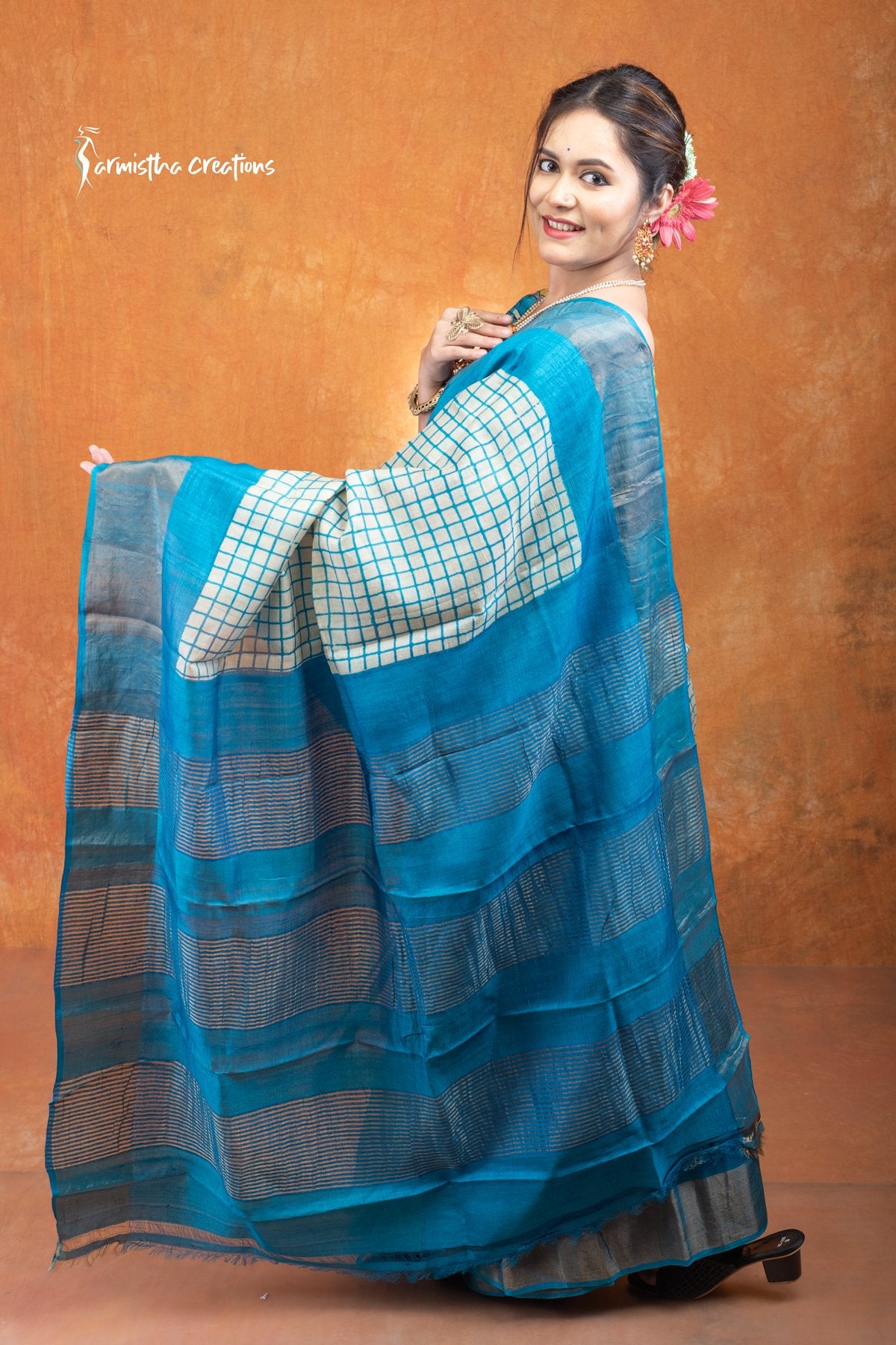 Zari Border Pure Tussar Silk Saree With Hand-Block Printing dtzbhbp-087 image 2