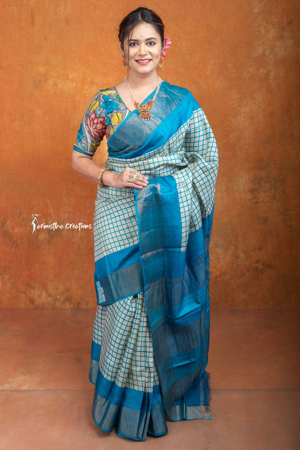 Zari Border Pure Tussar Silk Saree With Hand-Block Printing dtzbhbp-087 image 0