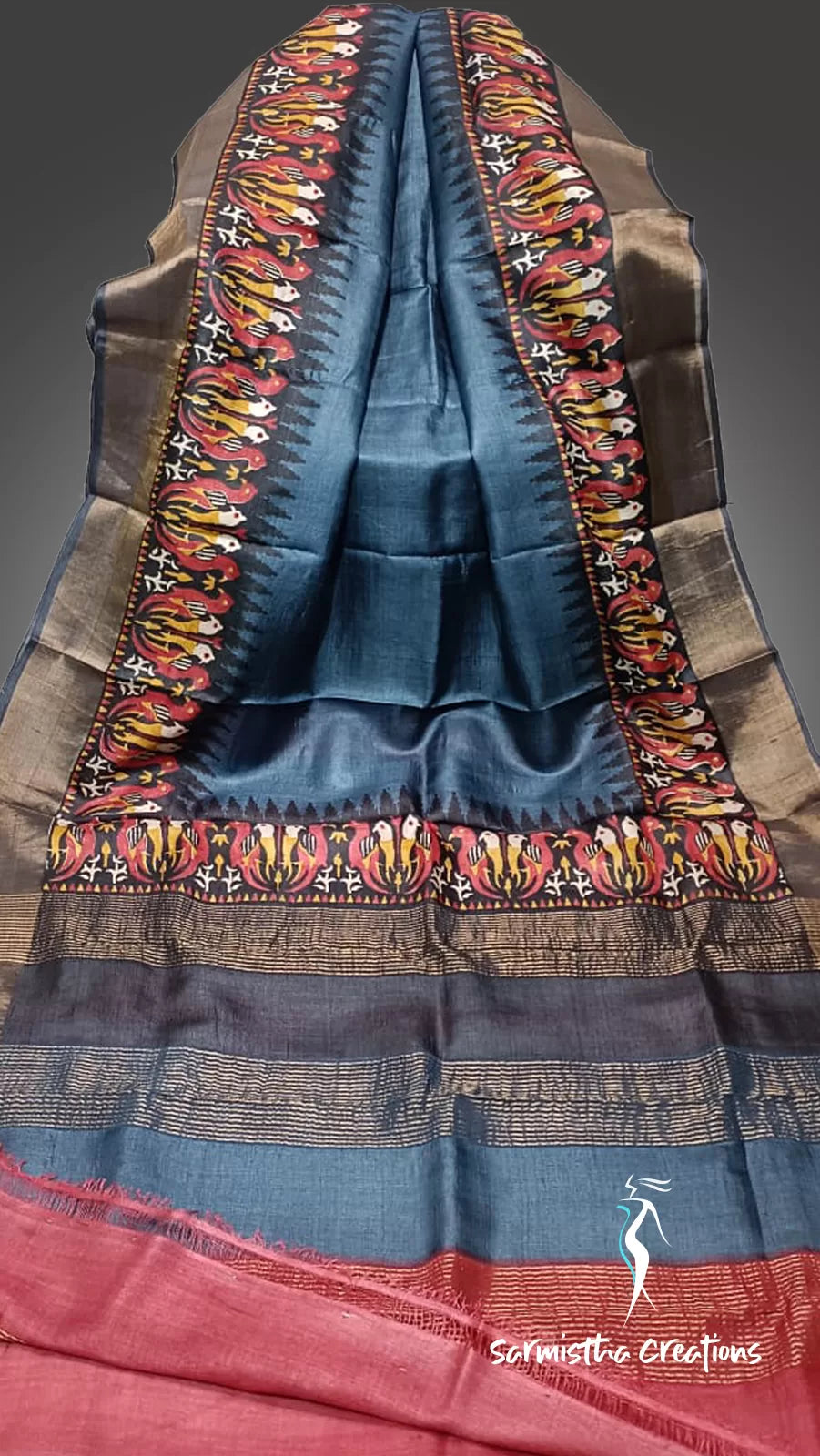 Zari Border Pure Desi Tussar Silk Saree With Hand-Block Printing dtzbhbp-014 image 0