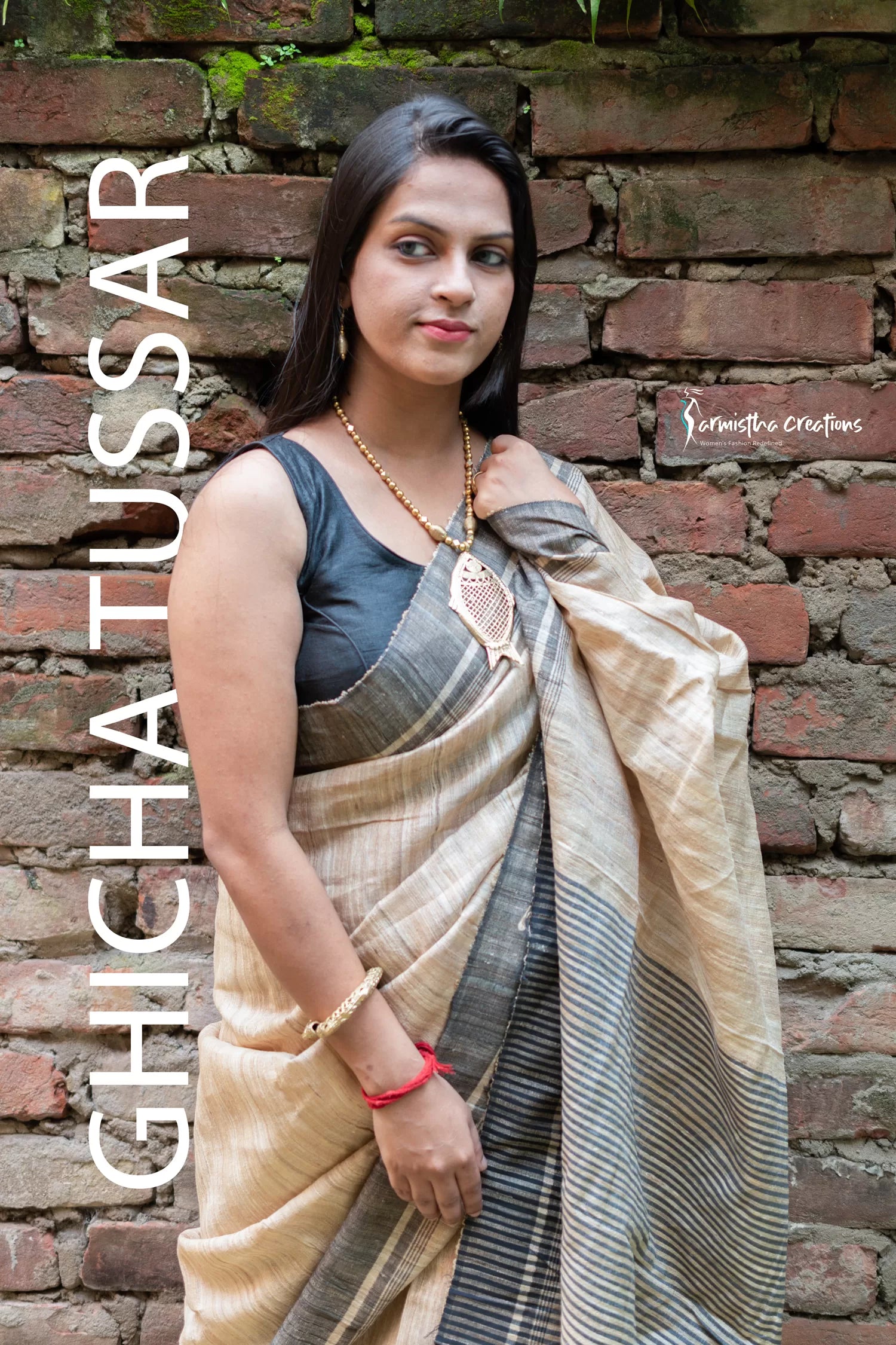 Ghicha Tussar Saree with Black Weaved Border image 2