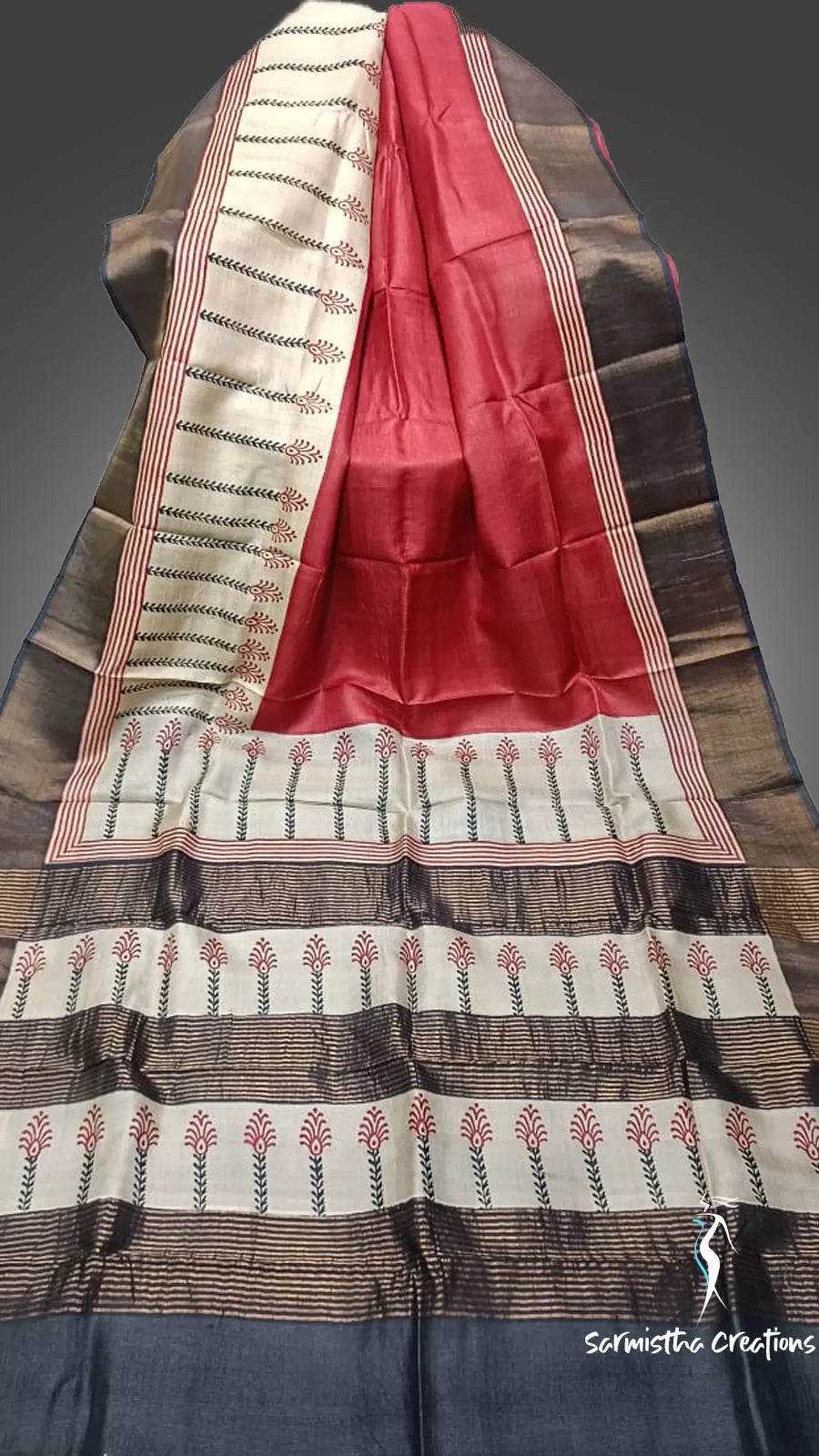 Zari Border Pure Desi Tussar Silk Saree With Hand-Block Printing dtzbhbp-010 image 0