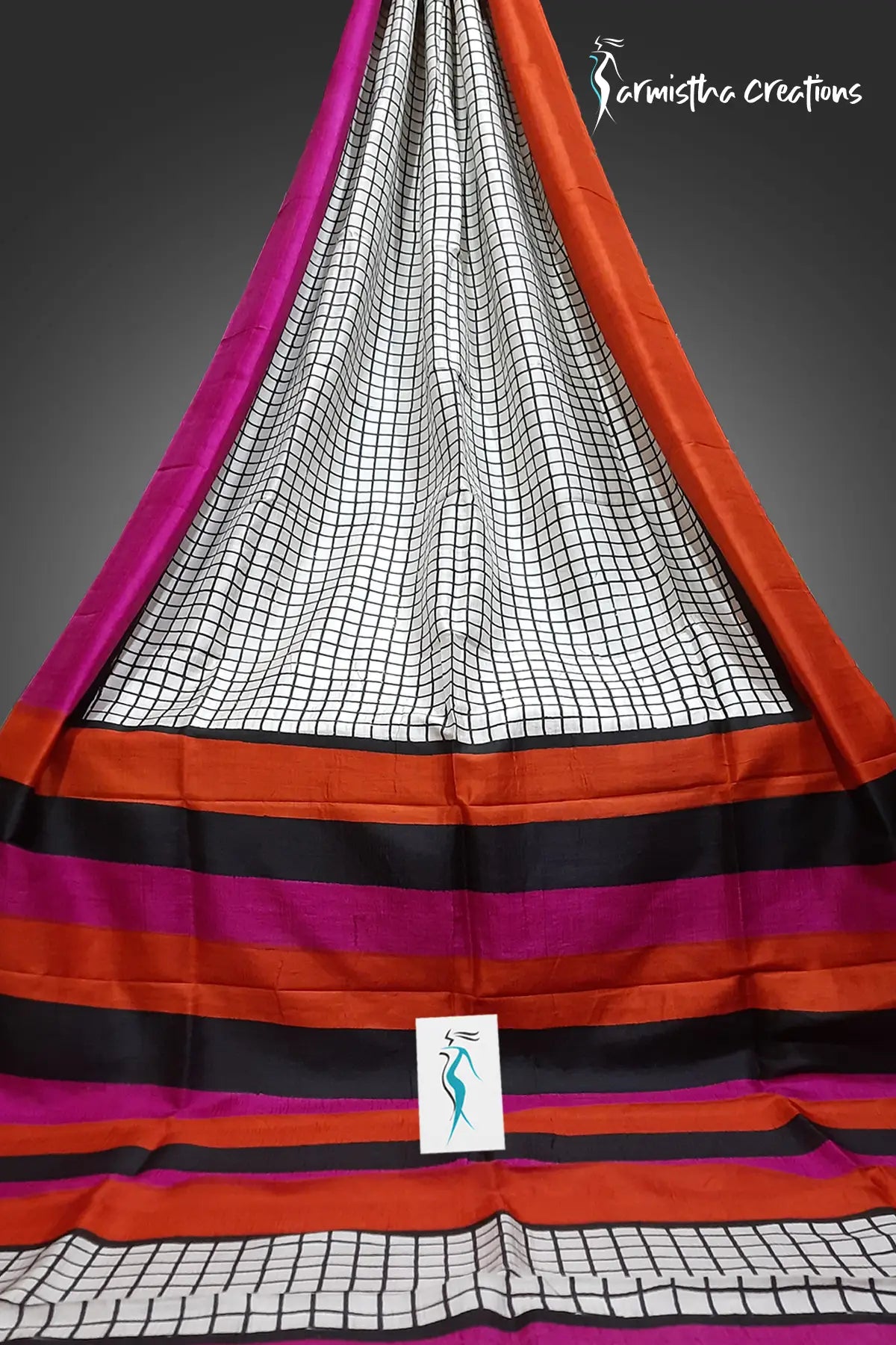 Chiaroscuro Charm – Hand-block Printed Murshidabad Silk Saree | hbpms-021 image 0