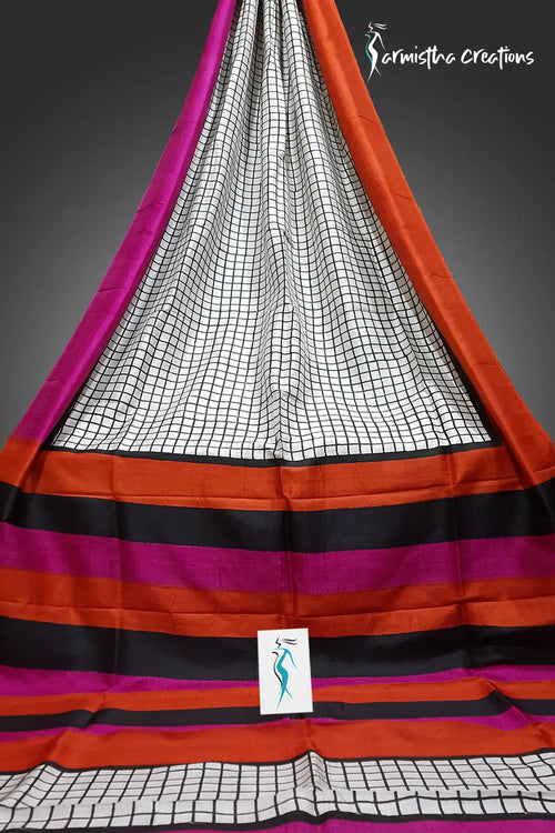 Chiaroscuro Charm – Hand-block Printed Murshidabad Silk Saree | hbpms-021 image 0