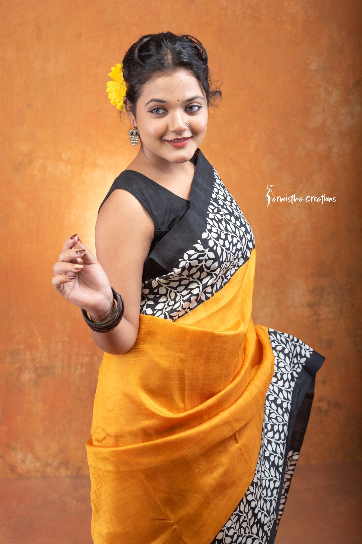 Golden Hue – Hand-Block Printed Murshidabad Silk Saree | hbpms-023 image 1