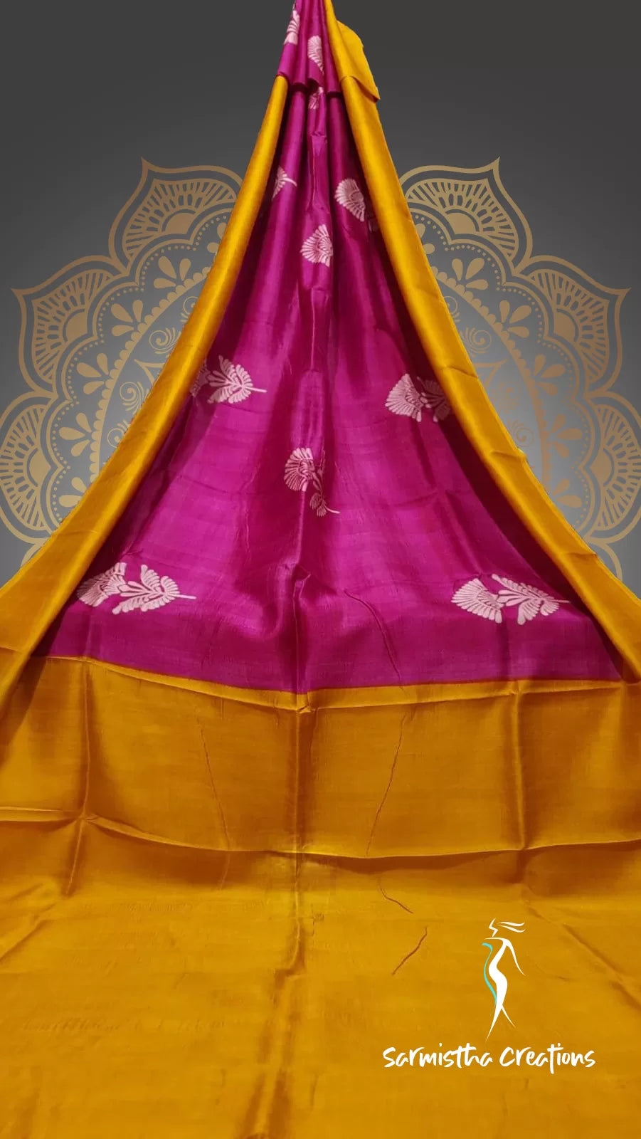 Murshidabad Silk Saree with Hand Block Printing Golden-Pink hbpms-002 image 0