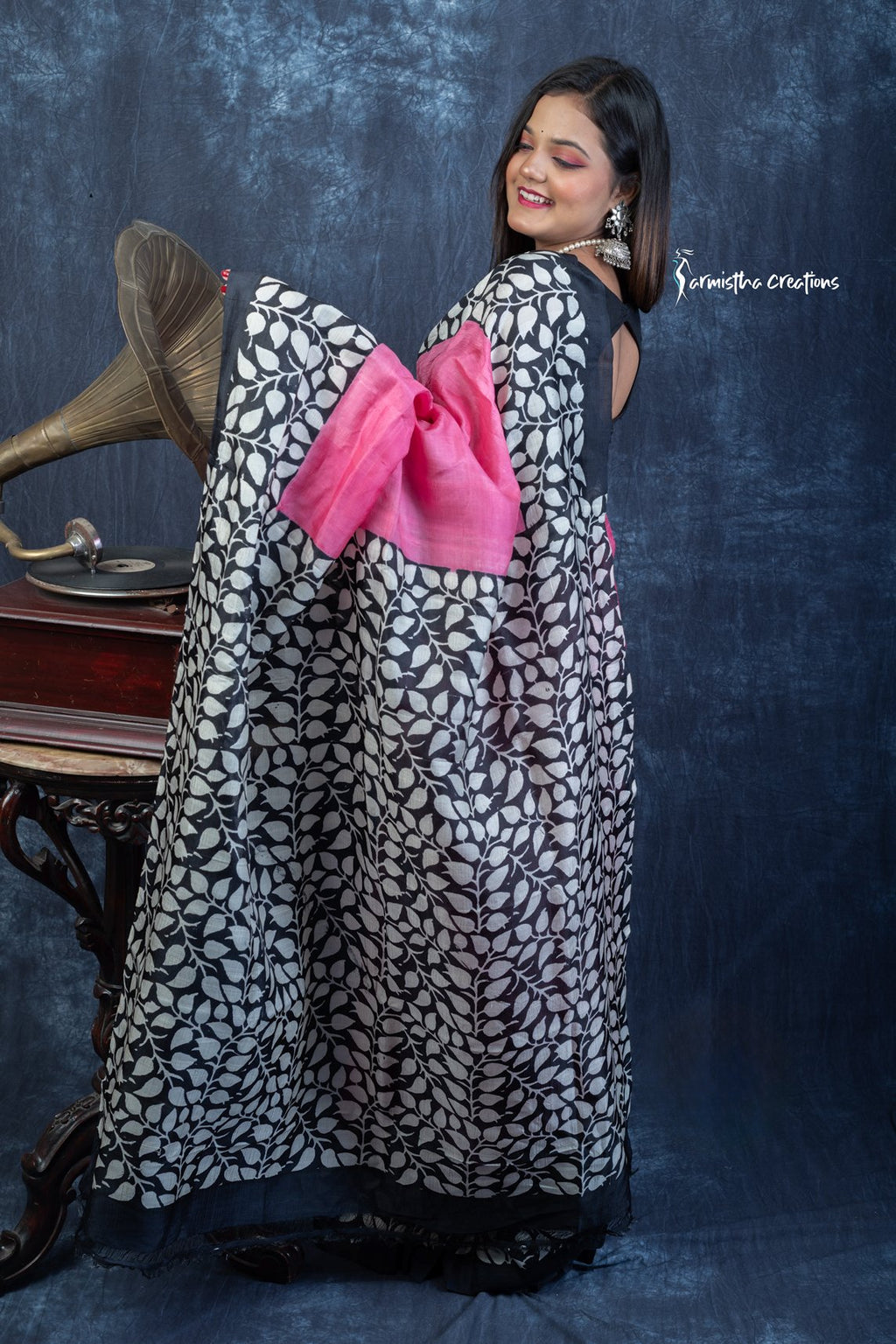 Midnight Blossom – Hand Block Printed Murshidabad Silk Saree | hbpms-030 image 6