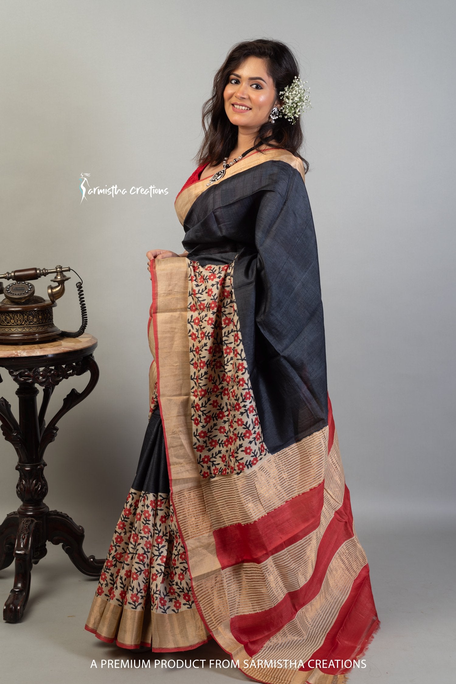 Zari Border Pure Desi Tussar Silk Saree With Hand-Block Printing dtzbhbp-018 image 3