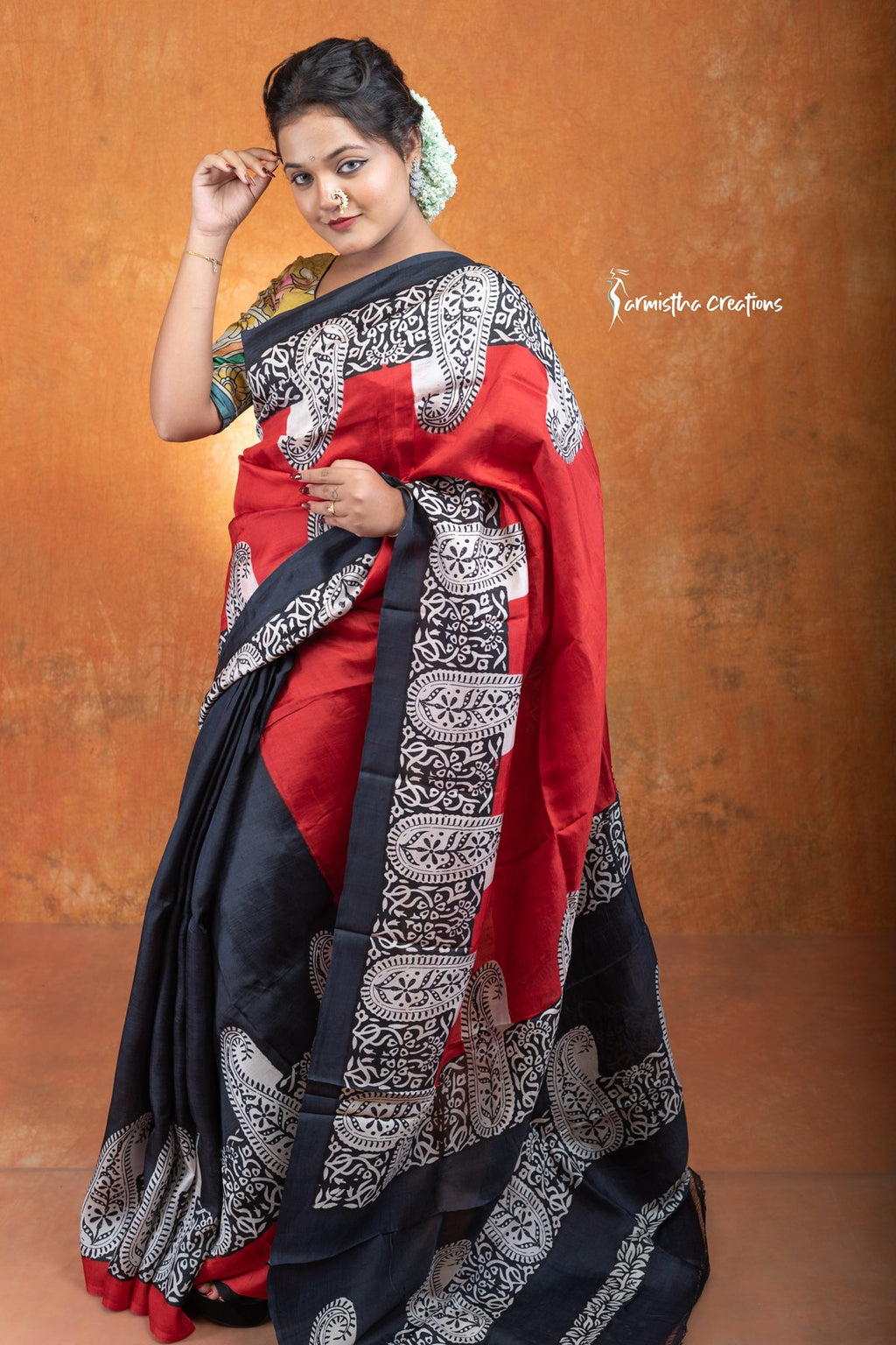 Murshidabad Silk Saree in Red With Hand Block Printed Motifs in Black hbpms-014 image 1