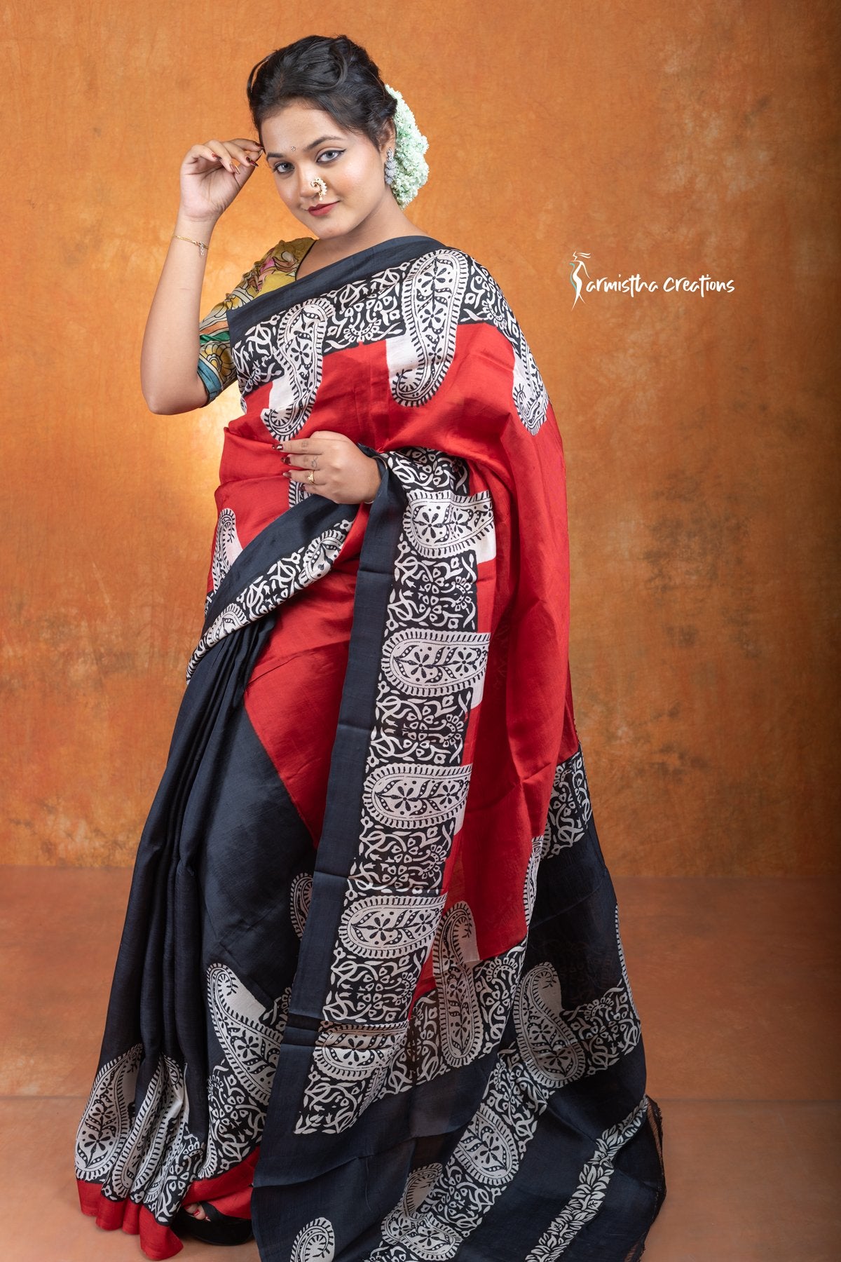 Murshidabad Silk Saree in Red With Hand Block Printed Motifs in Black hbpms-014 image 1