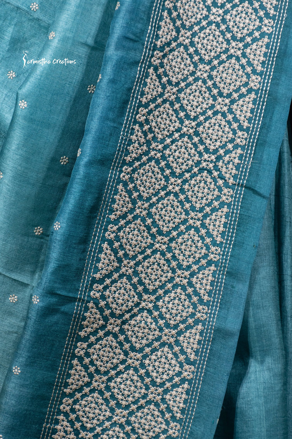 Teal Blue Tussar Kutchwork Saree ptkw-004 image 3
