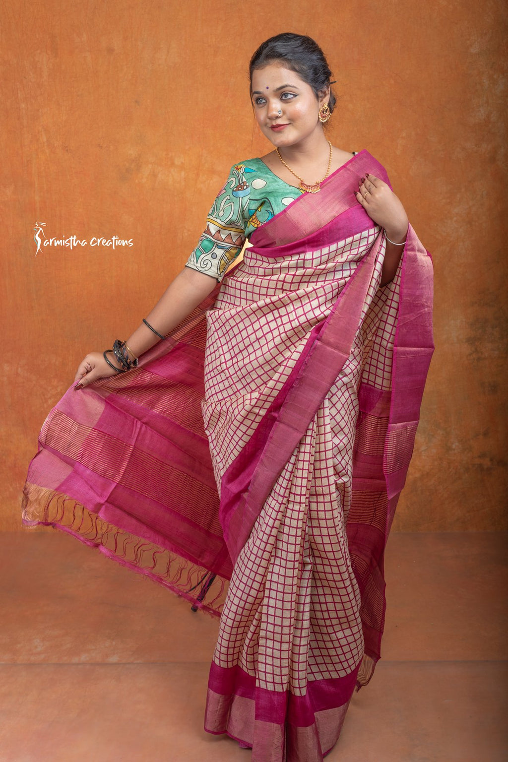 Zari Border Pure Tussar Silk Saree With Hand-Block Printing dtzbhbp-057 image 2