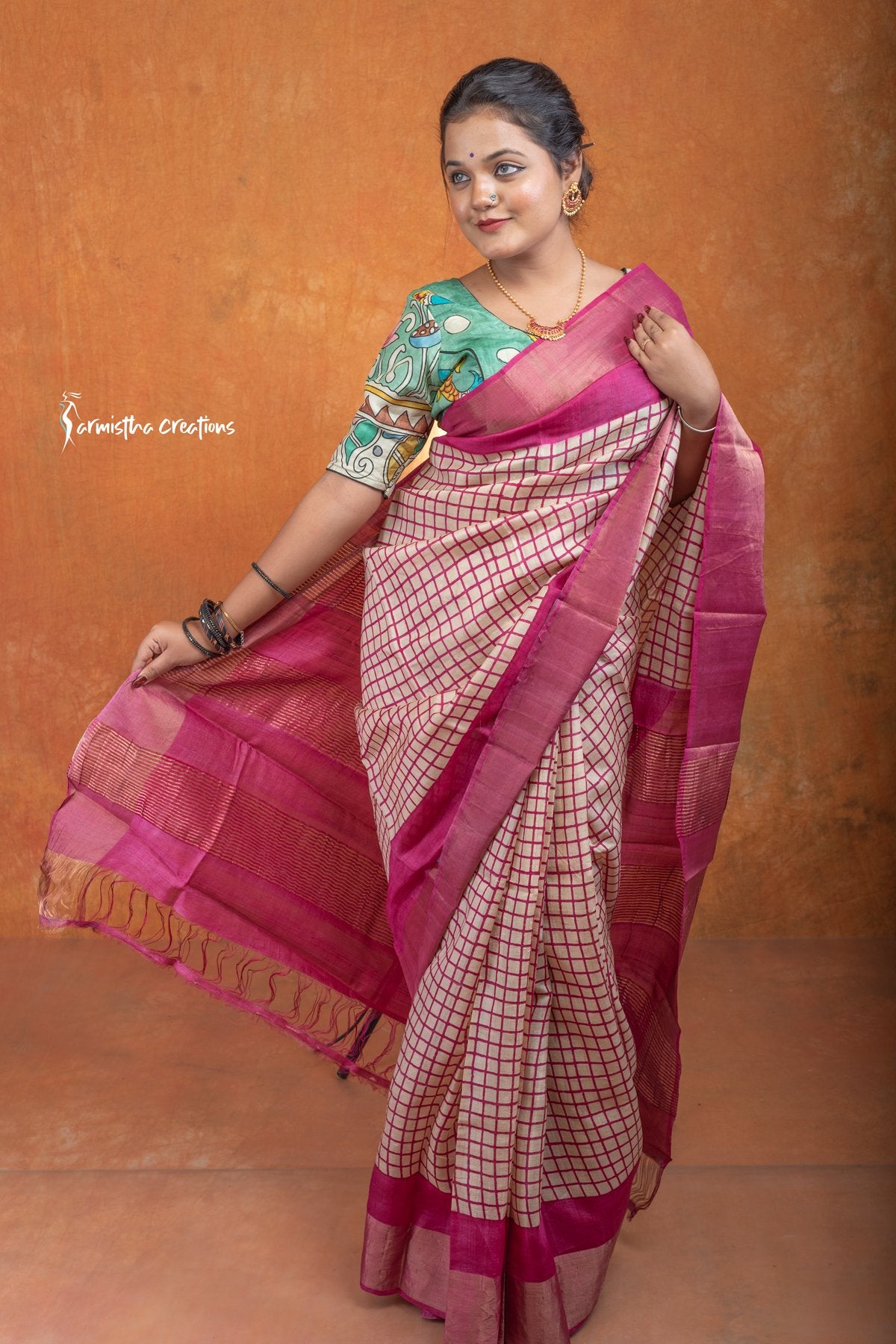 Zari Border Pure Tussar Silk Saree With Hand-Block Printing dtzbhbp-057 image 2