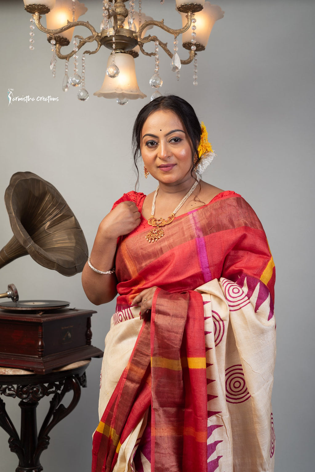 Zari Border Pure Desi Tassar Silk Saree With Hand-Block Printing dtzbhbp-044 image 2
