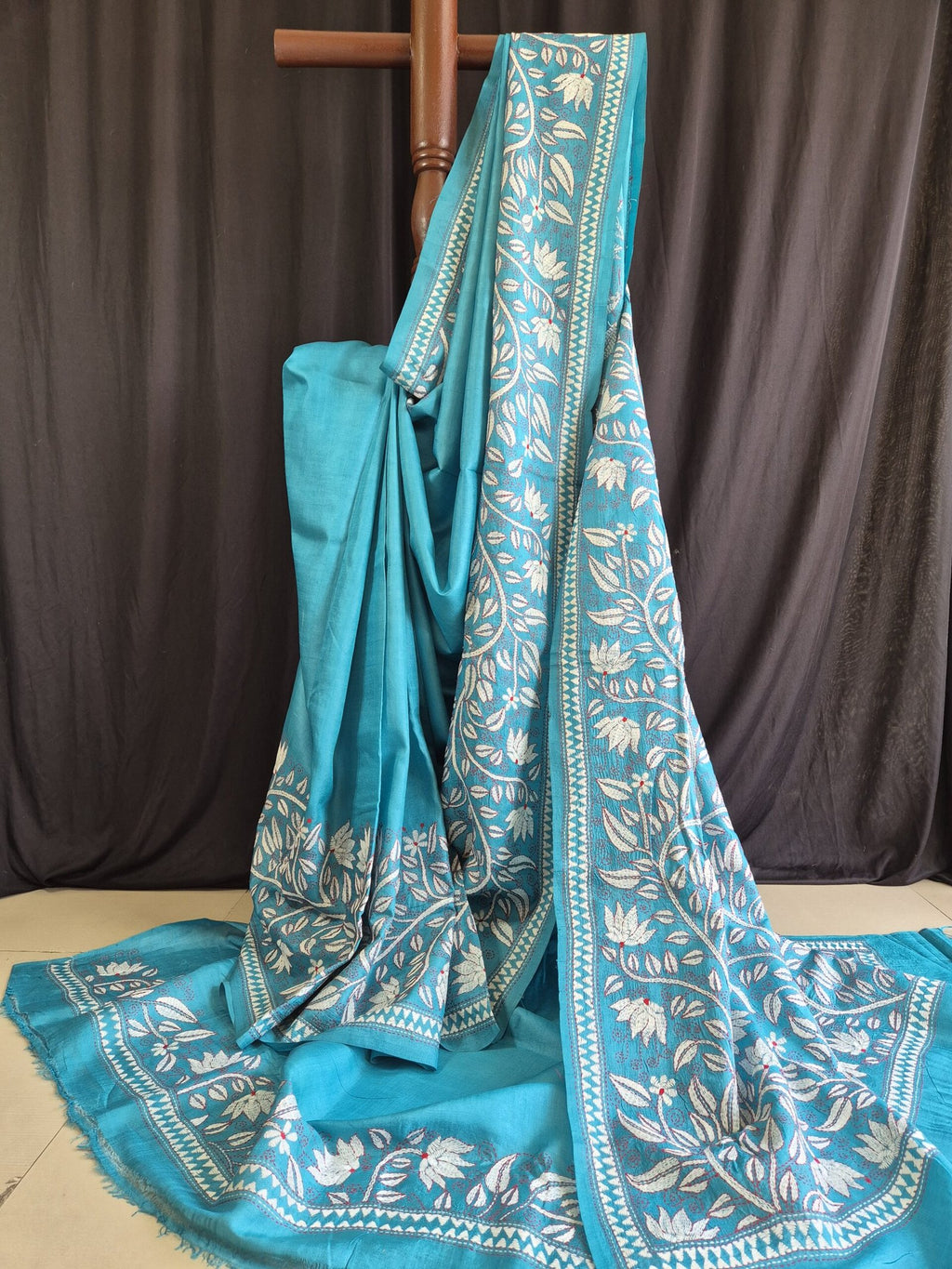 Teal Blue Kantha Stitch Saree on Pure Tussar image 0