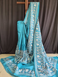 Teal Blue Kantha Stitch Saree on Pure Tussar image 0