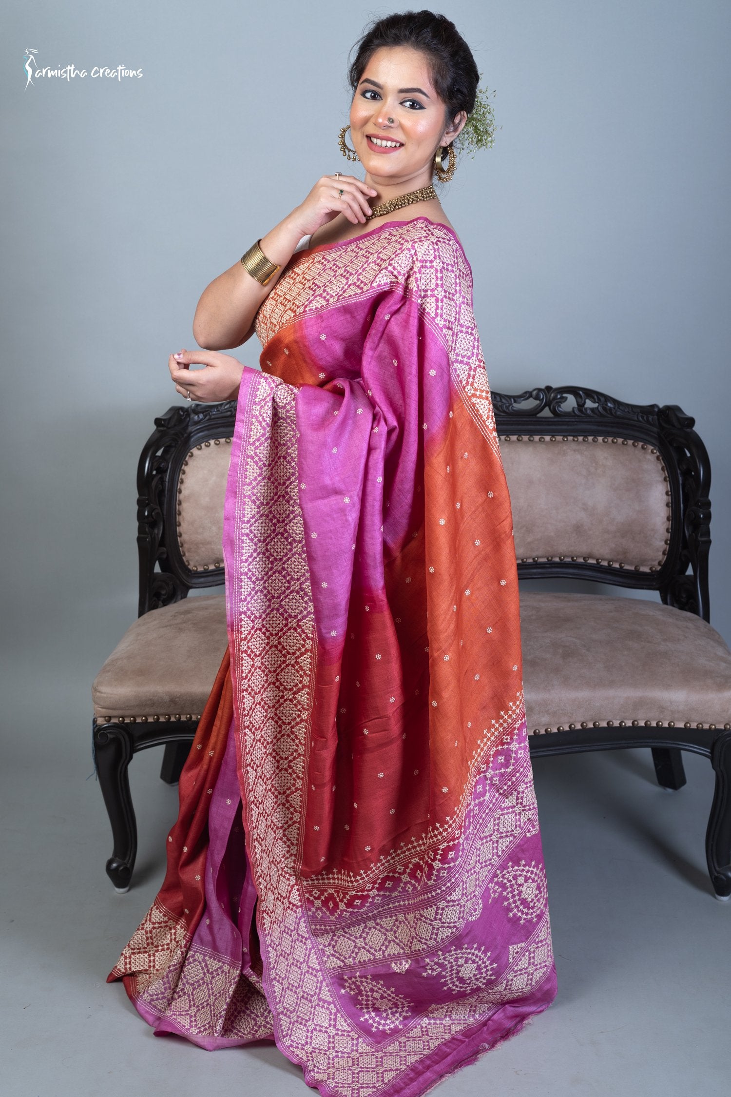 Tussar Kutchwork Saree in Orange and Pink ptkw-001 image 0