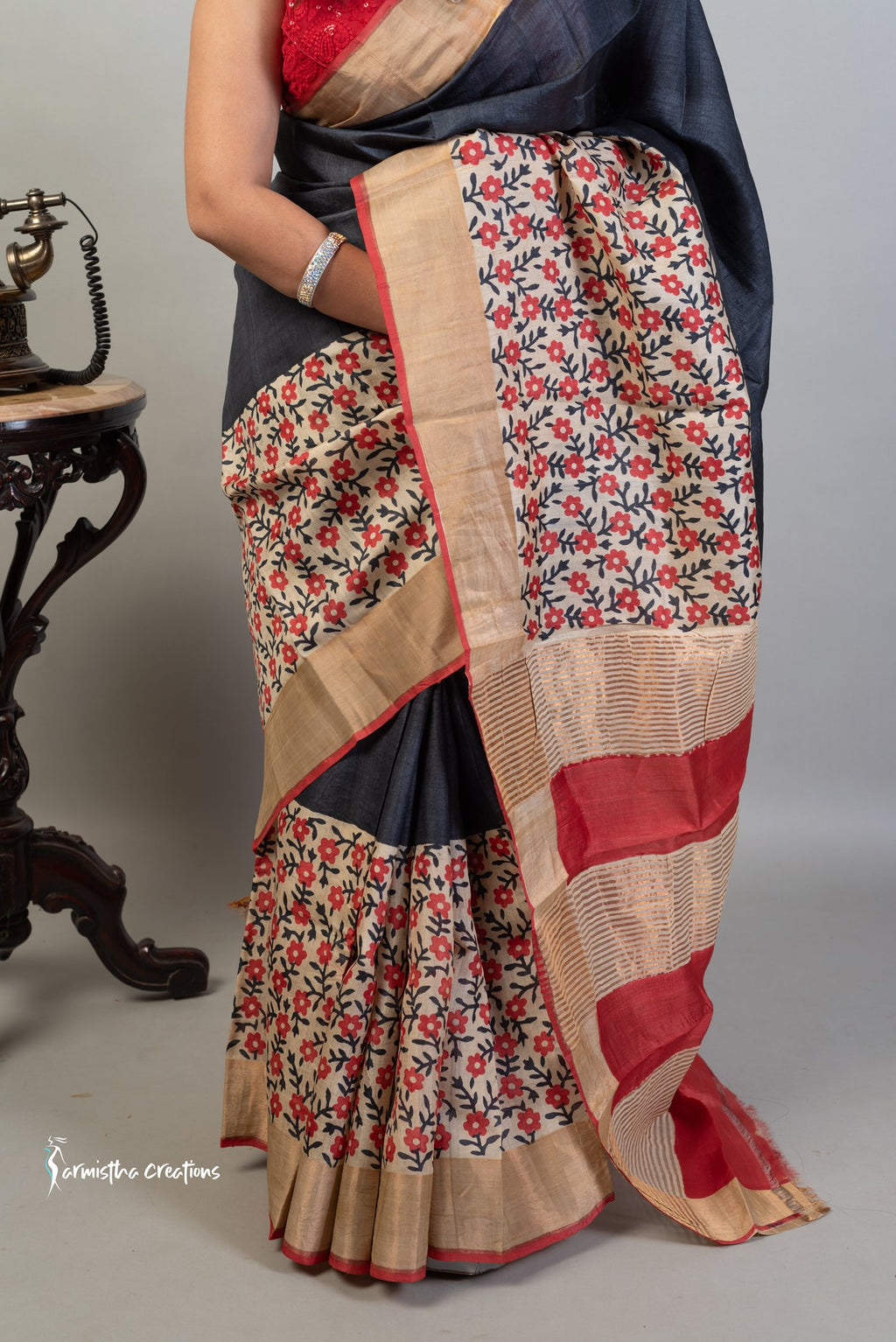 Zari Border Pure Desi Tussar Silk Saree With Hand-Block Printing dtzbhbp-018 image 4