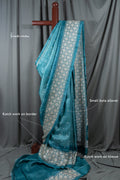 Teal Blue Tussar Kutchwork Saree ptkw-004 image 0