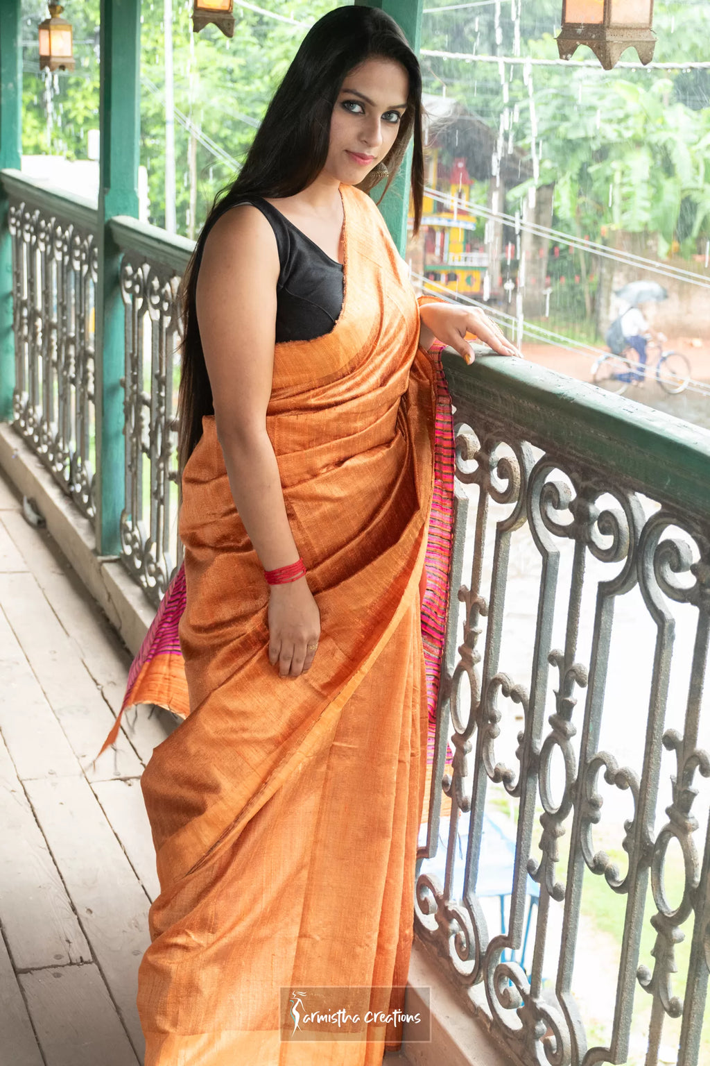 Pure Desi Tussar Silk Saree With Weaved Stripe Border (Orange with Pink & Black image 0