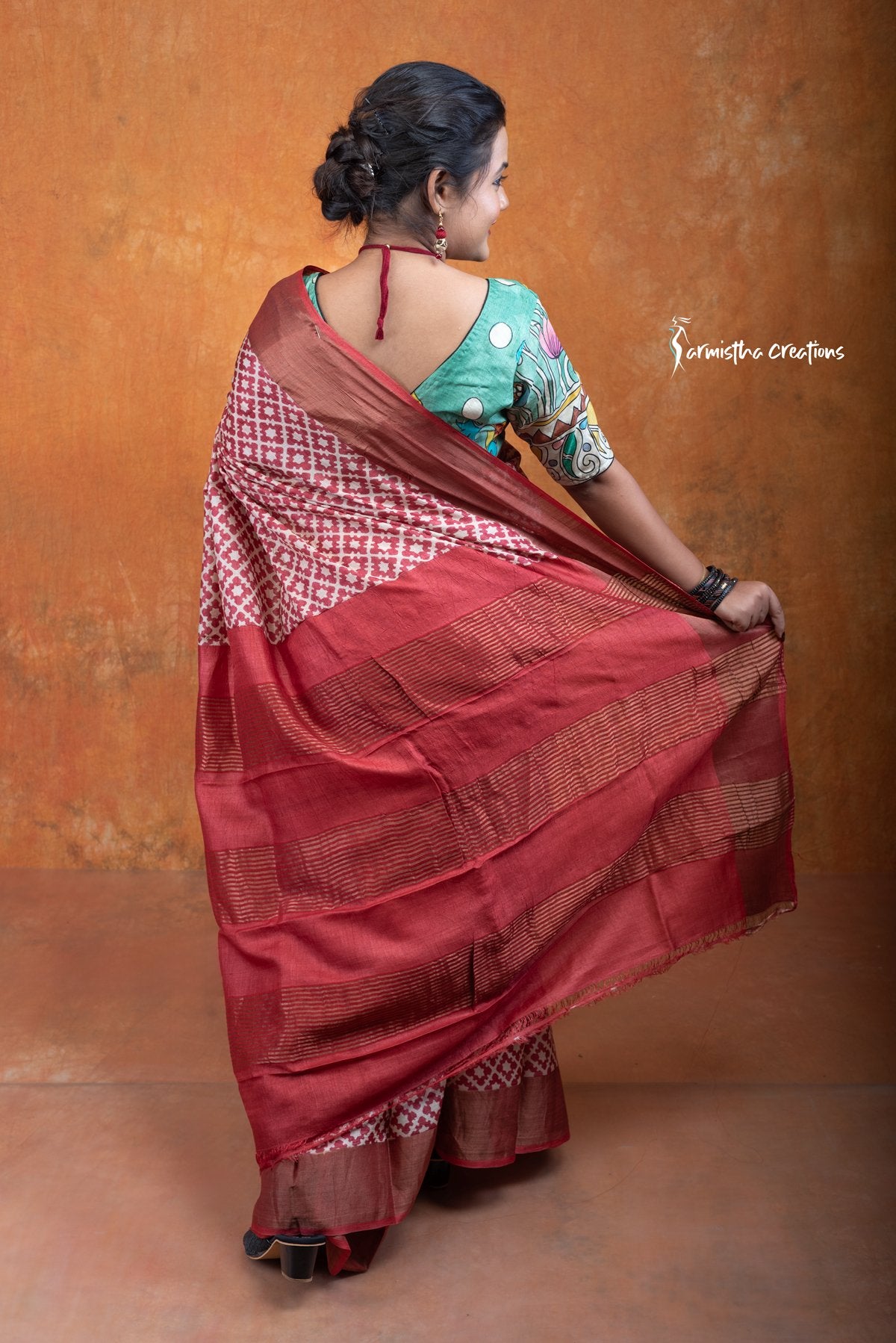 Zari Border Pure Desi Tussar Silk Saree With Hand-Block Printing | dtzbhbp-011 image 3