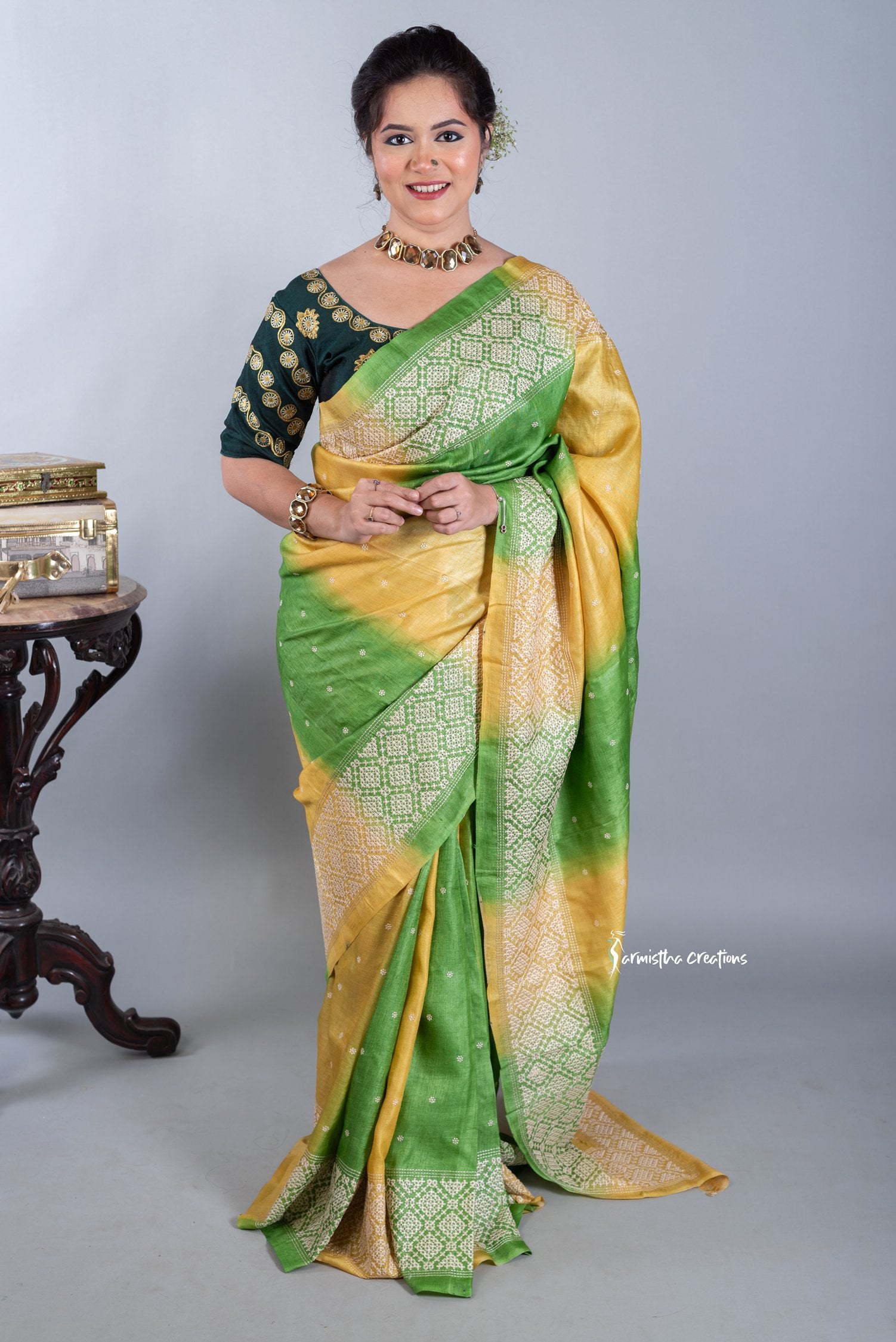 Green and Yellow Tussar Kutchwork Saree ptkw-002 image 0