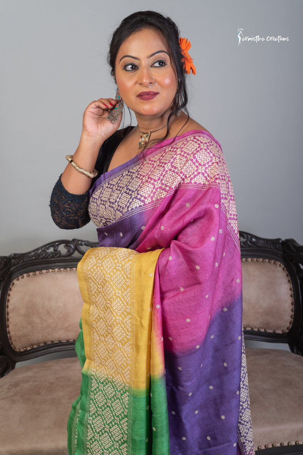 Multicolor Tussar Kutchwork Saree ptkw-003 image 0