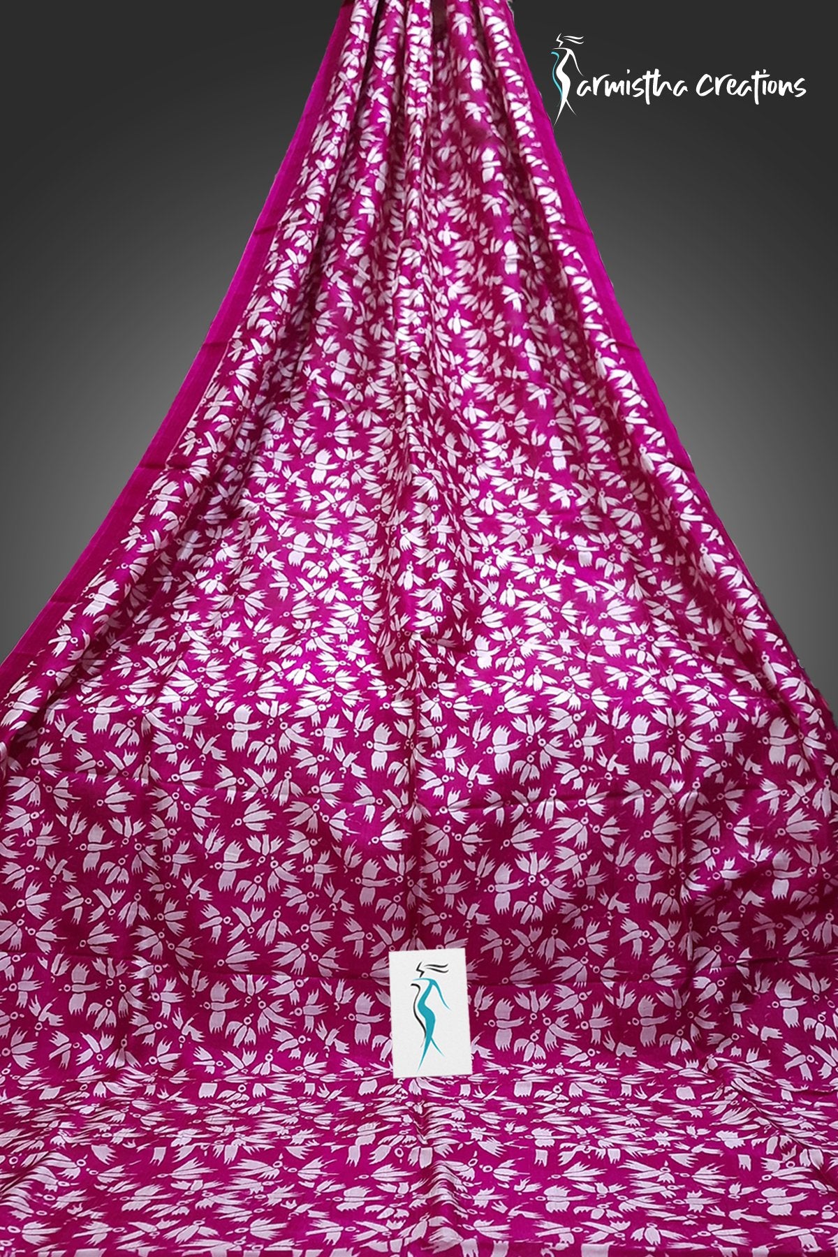 Hot Pink Murshidabad Silk Saree With White Bird Prints | hbpms-016 image 0