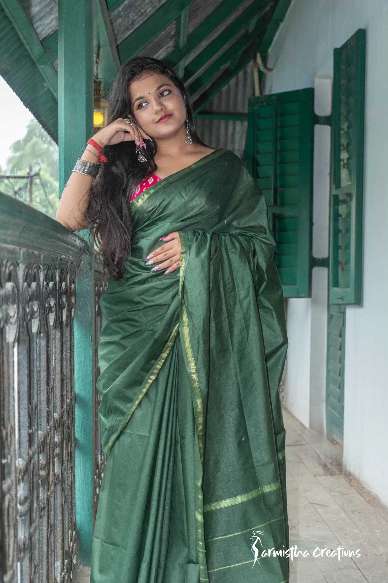 Kota Silk Saree (Bottle Green) image 2