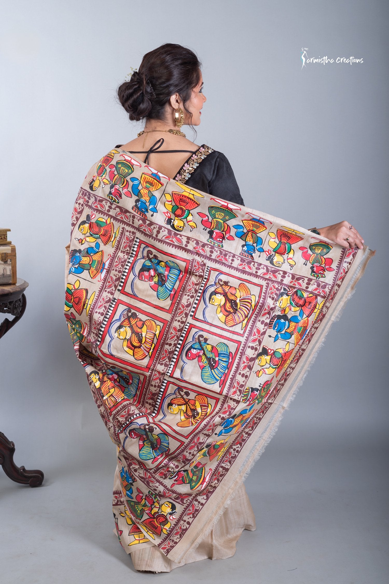 Rangini - Hand-painted patachitra fusing madhubani style on Raghunathpur Tussar image 3