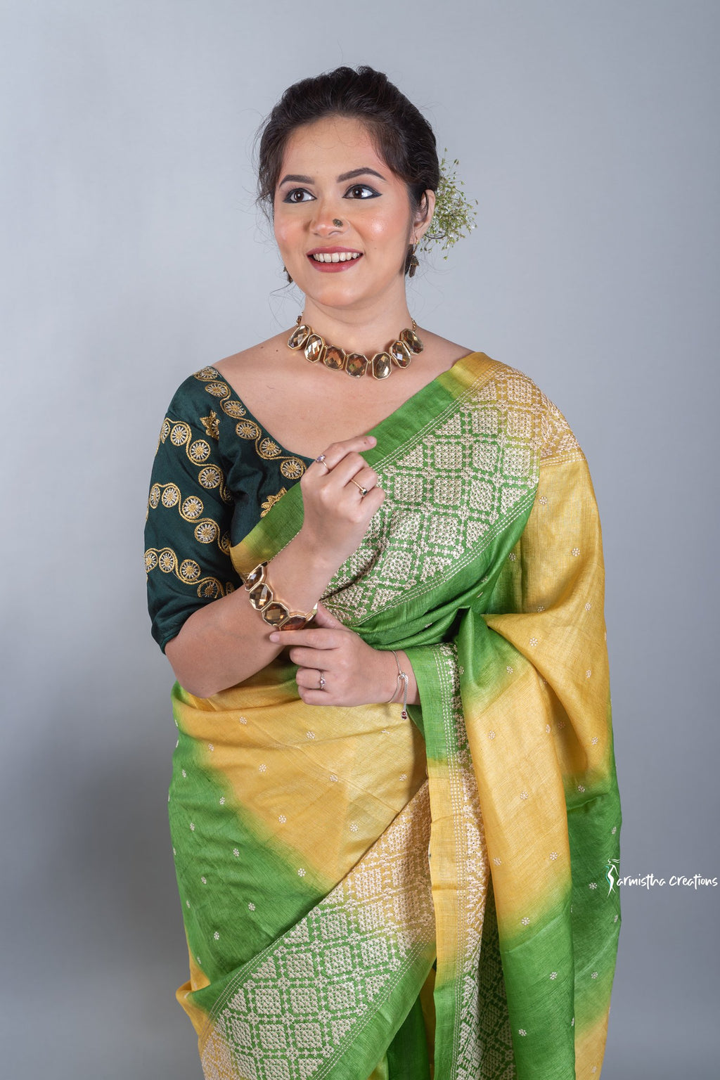 Green and Yellow Tussar Kutchwork Saree ptkw-002 image 3