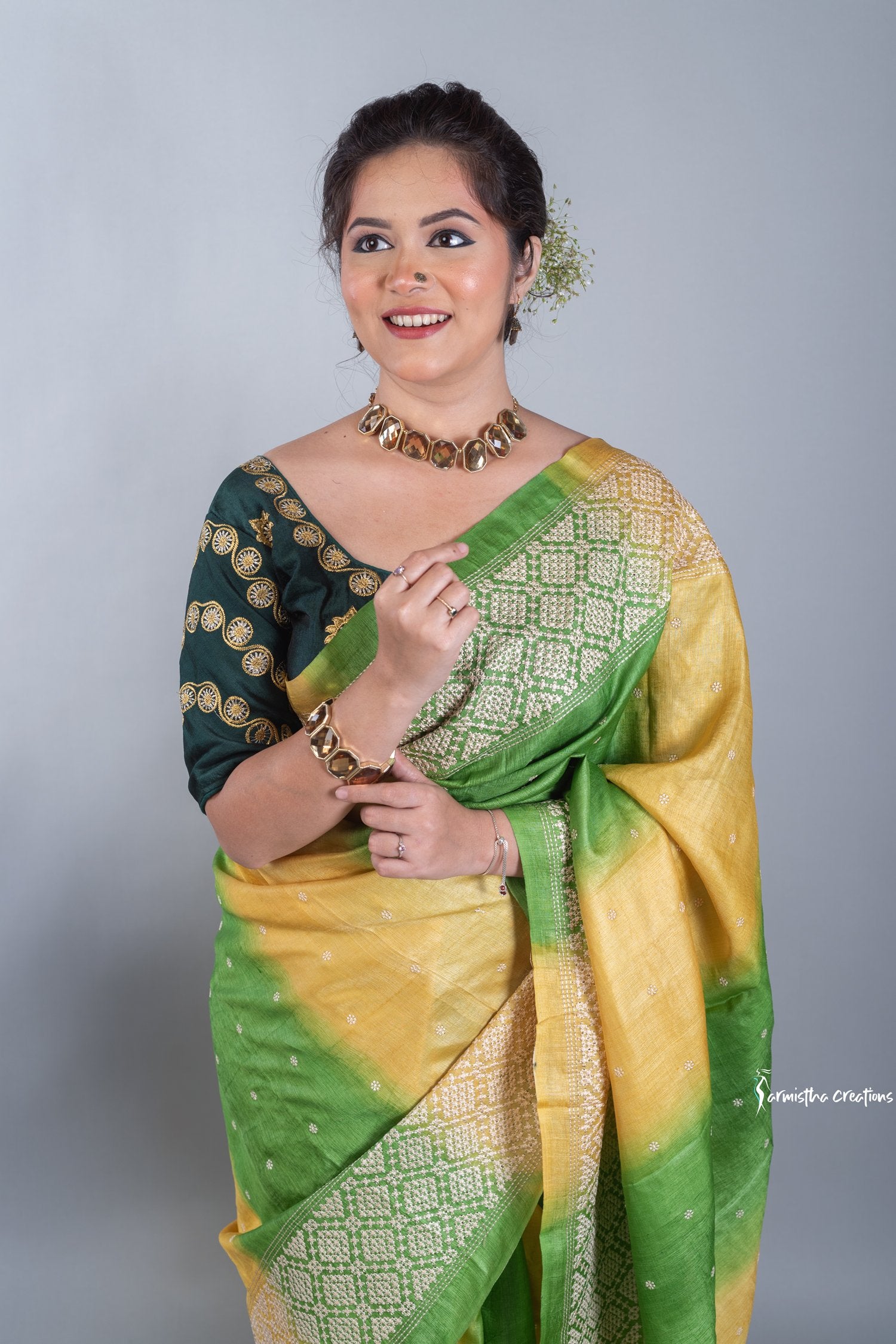 Green and Yellow Tussar Kutchwork Saree ptkw-002 image 3