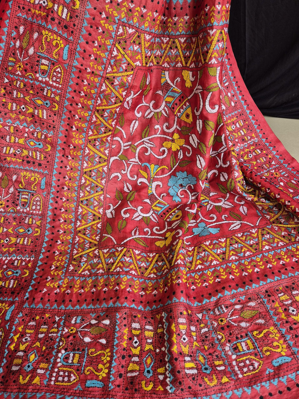 Stunning Kantha Stitch Saree on Pure Tussar (Mehendi Green &amp; Red) image 2