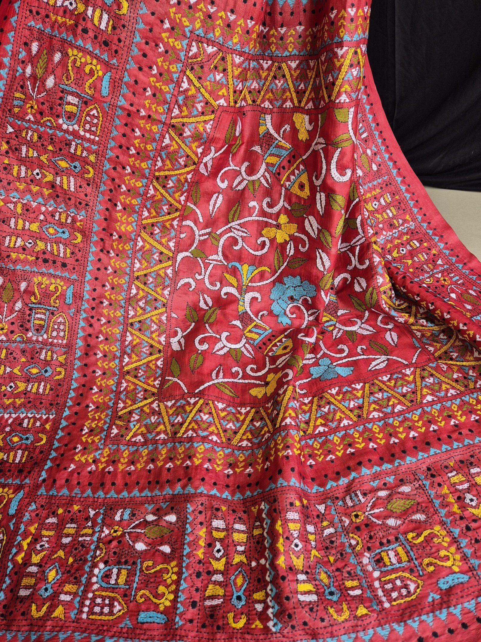 Stunning Kantha Stitch Saree on Pure Tussar (Mehendi Green &amp; Red) image 2
