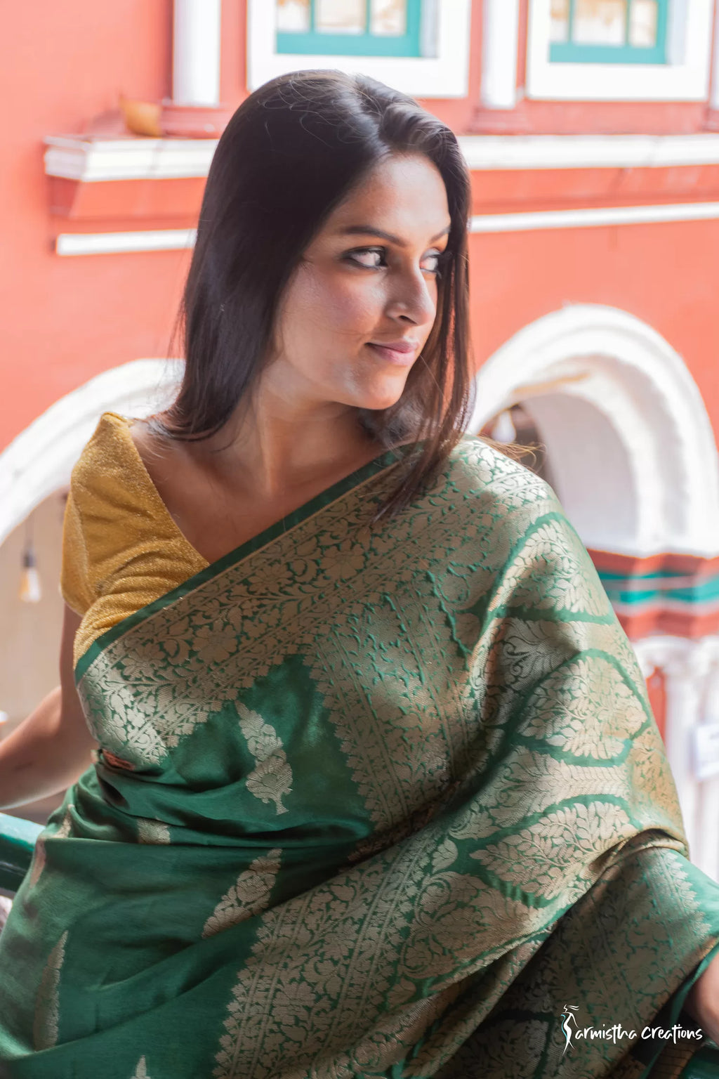 Georgette Silk Saree with Benarasi Work (Bottle Green) image 3