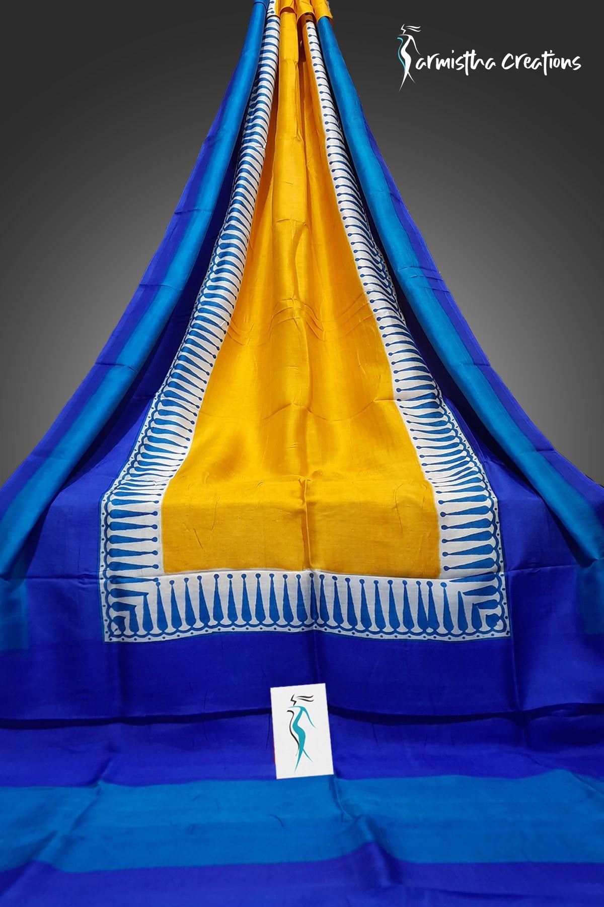 Murshidabad Silk Saree with Hand Block Printing Vibrant Blue with Golden Yellow hbpms-013 image 0