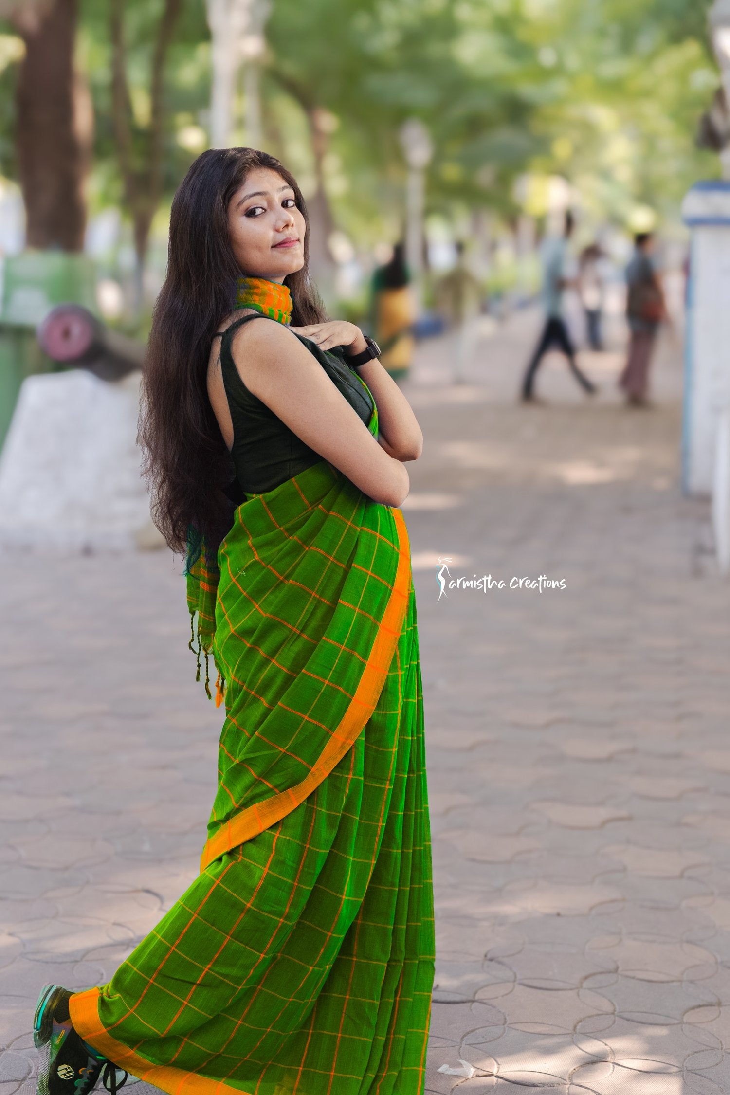 Handloom Cotton Saree Parrot Green with Checks image 0