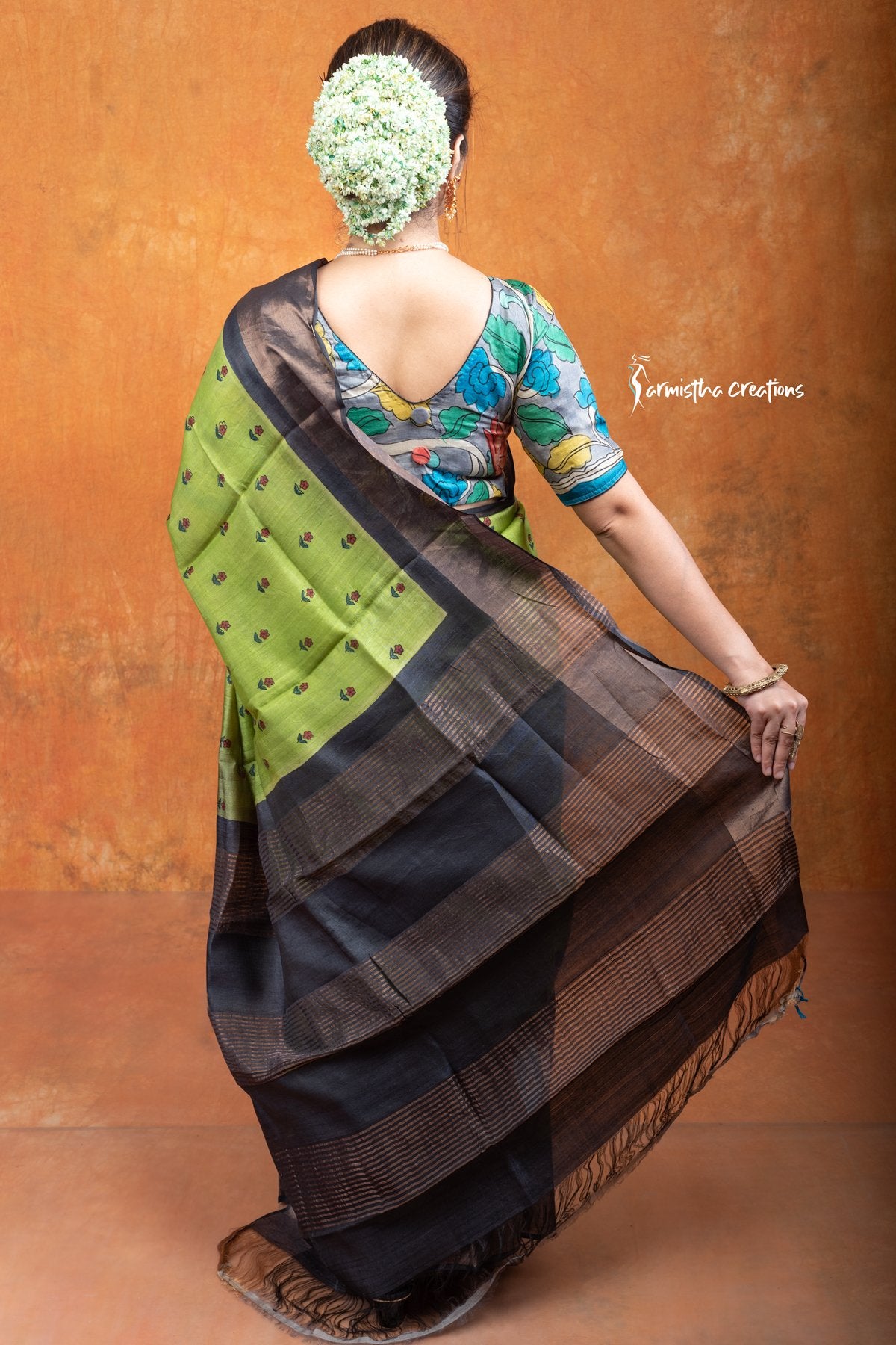 Zari Border Pure Tussar Silk Saree With Hand-Block Printing dtzbhbp-029 image 3