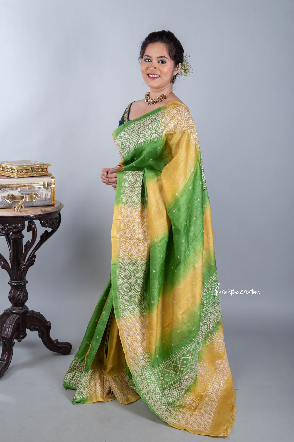 Green and Yellow Tussar Kutchwork Saree ptkw-002 image 1