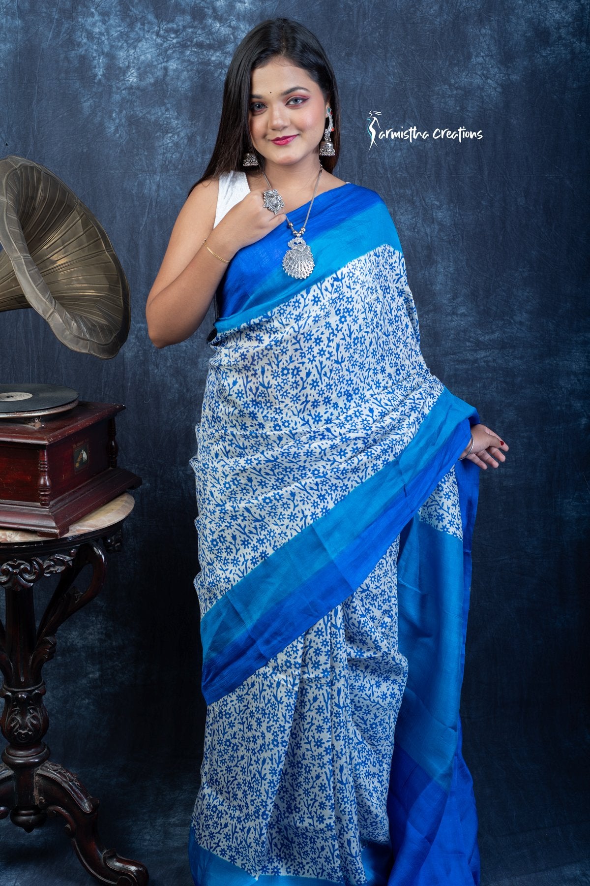 Azure Bloom &amp; Midnight Tide - Hand-block Printed Murshidabad Silk Saree | hbpms-029 image 0