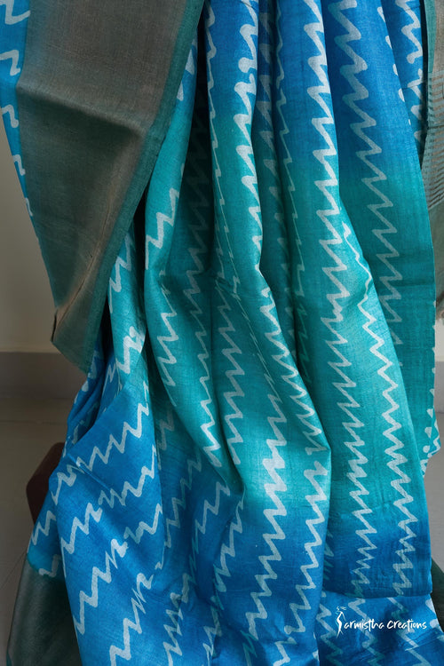 Dancing Chevrons - Hand Block Printed Zari Tussar Silk Saree | dtzbhbp-125 image 1