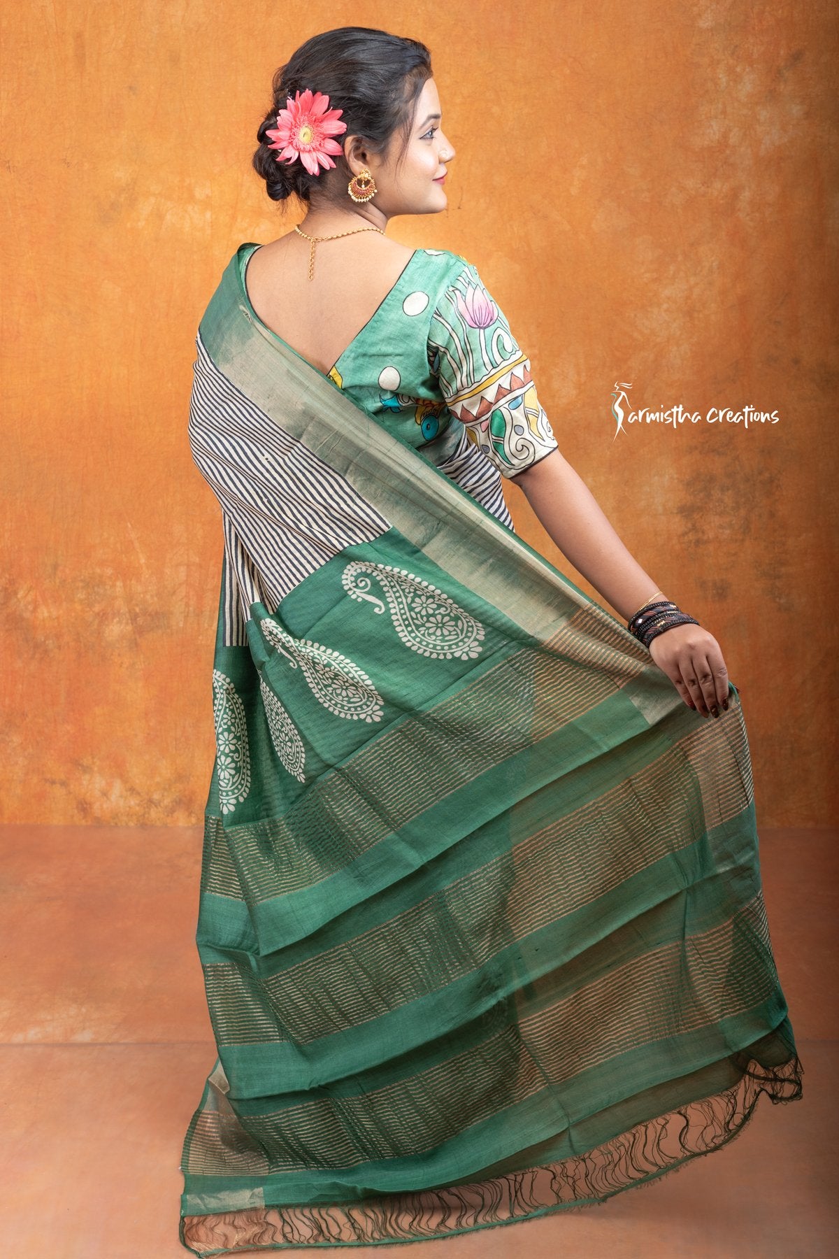 Zari Border Pure Desi Tassar Silk Saree With Hand-Block Printing dtzbhbp-043 image 1