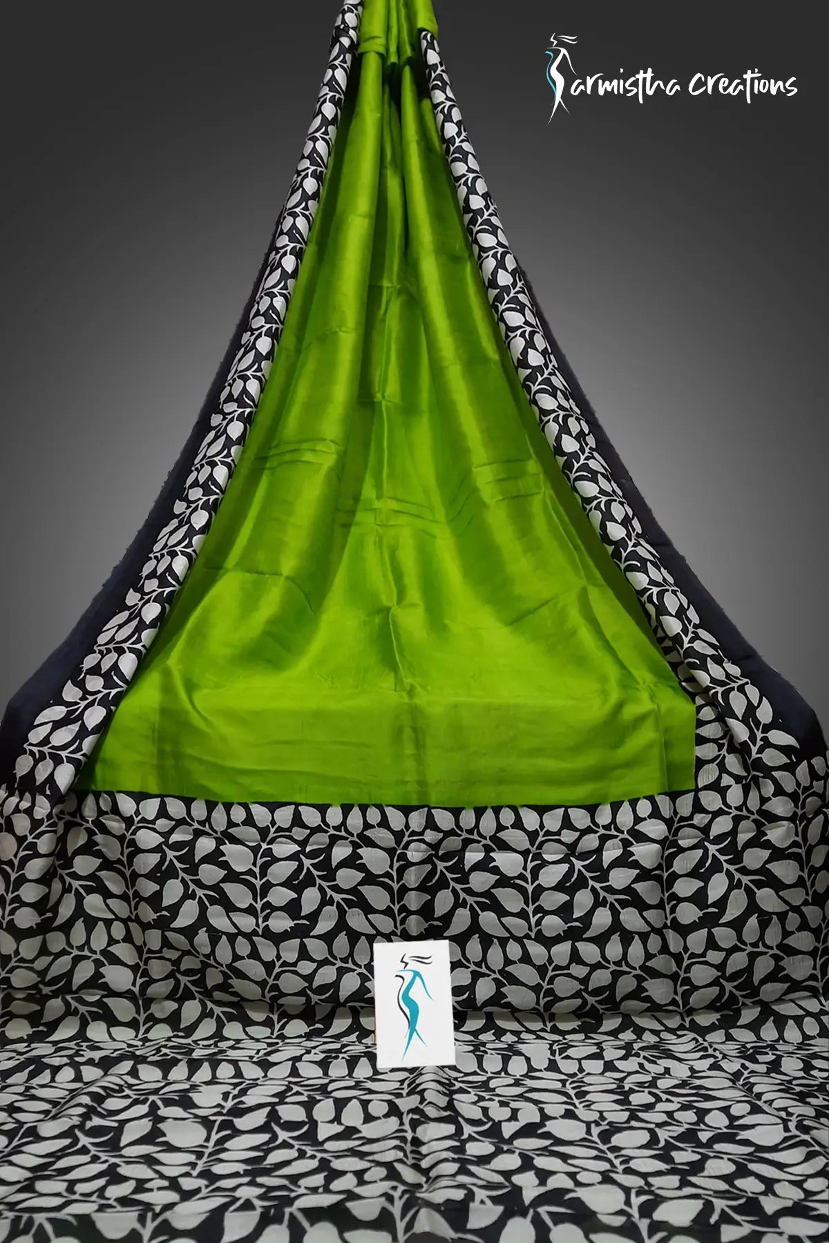 Lime Green Murshidabad Silk Saree With White Floral Prints | hbpms-017 image 0