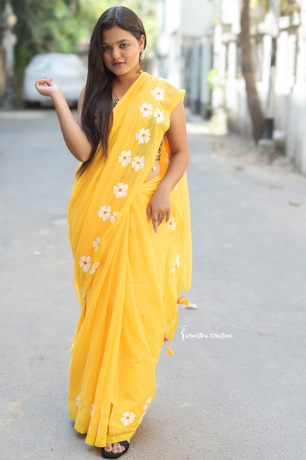 Pure Mul Cotton Saree Yellow with Floral Prints image 3